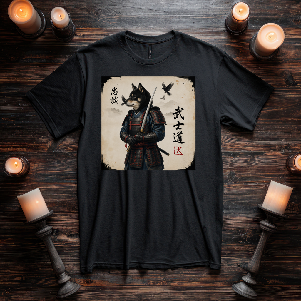 Kuro Shiba Inu Samurai Warrior T-Shirt, Bushido Japanese Dog Armor Art Tee, Loyalty Kanji Graphic Shirt, Unique Japan Gift Unisex