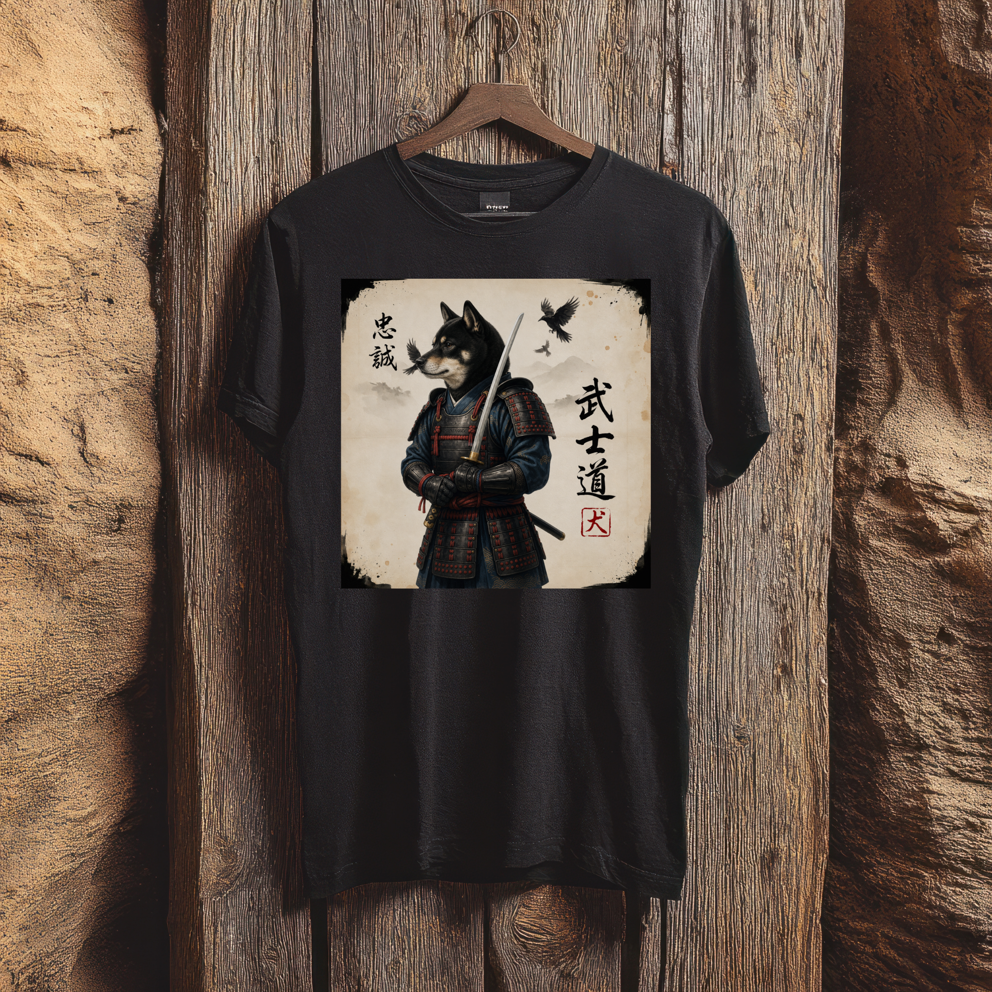 Kuro Shiba Inu Samurai Warrior T-Shirt, Bushido Japanese Dog Armor Art Tee, Loyalty Kanji Graphic Shirt, Unique Japan Gift Unisex