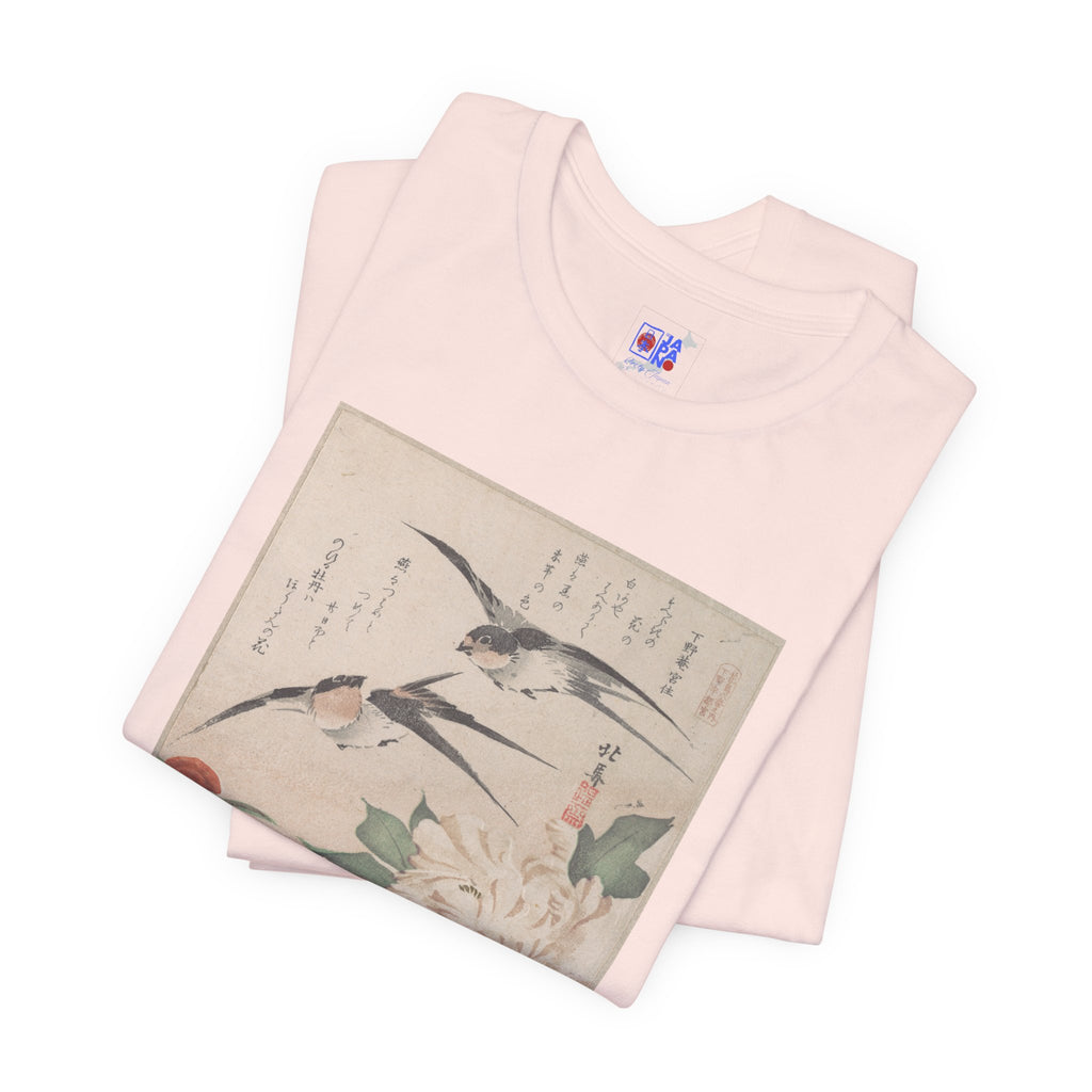 Teisai Hokuba "Swallows and Peonies" | Edo-period Surimono Art Tee (Light)