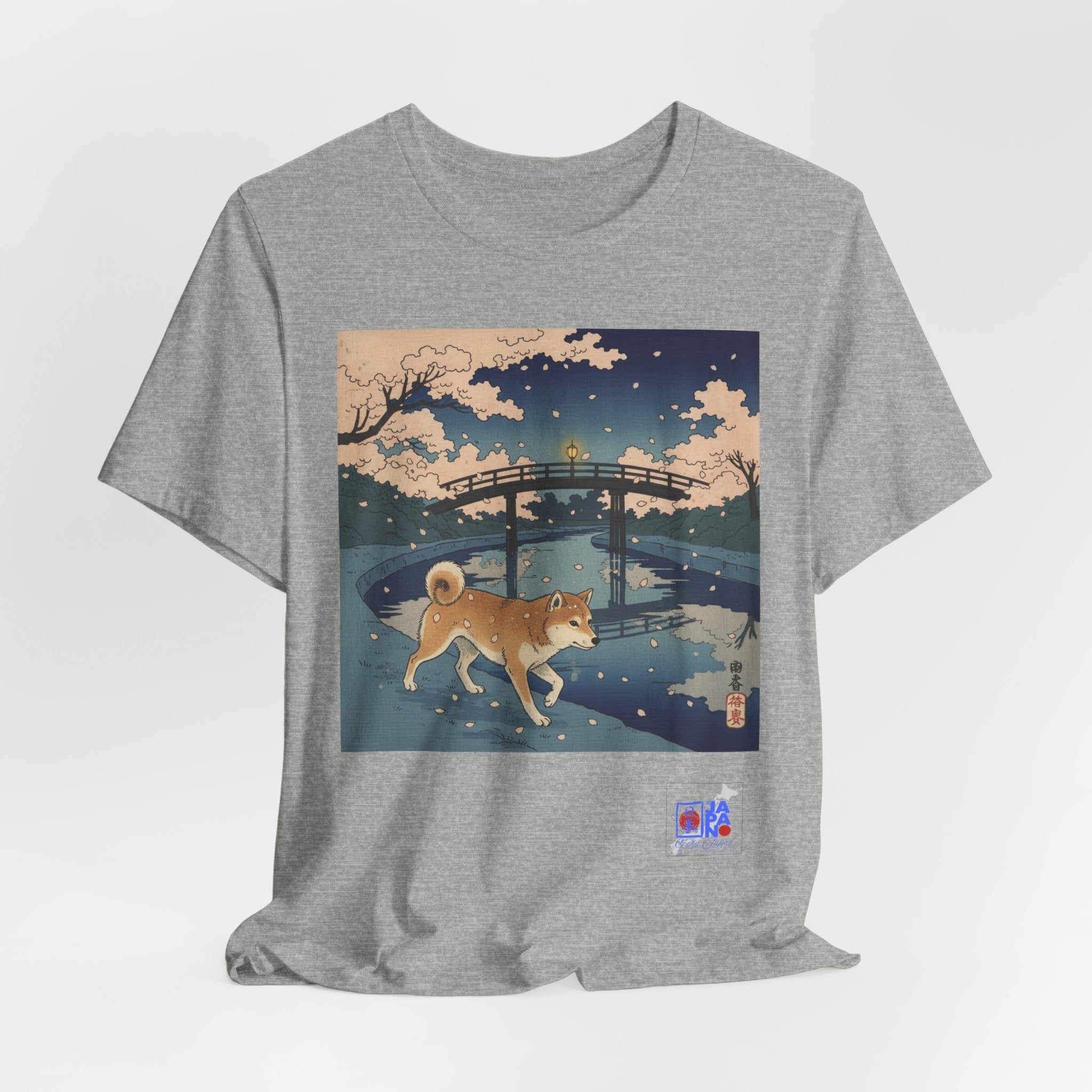 Shiba Inu Night Stroll T-Shirt | Japanese Bridge Ukiyo-e Style