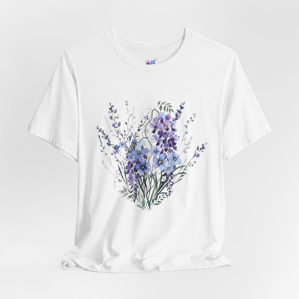 Japanese Wisteria and Forget-Me-Not T-Shirt | Fuji Wasurenagusa Dark Floral Tee | Japan Botanical Moonlit Garden Shirt