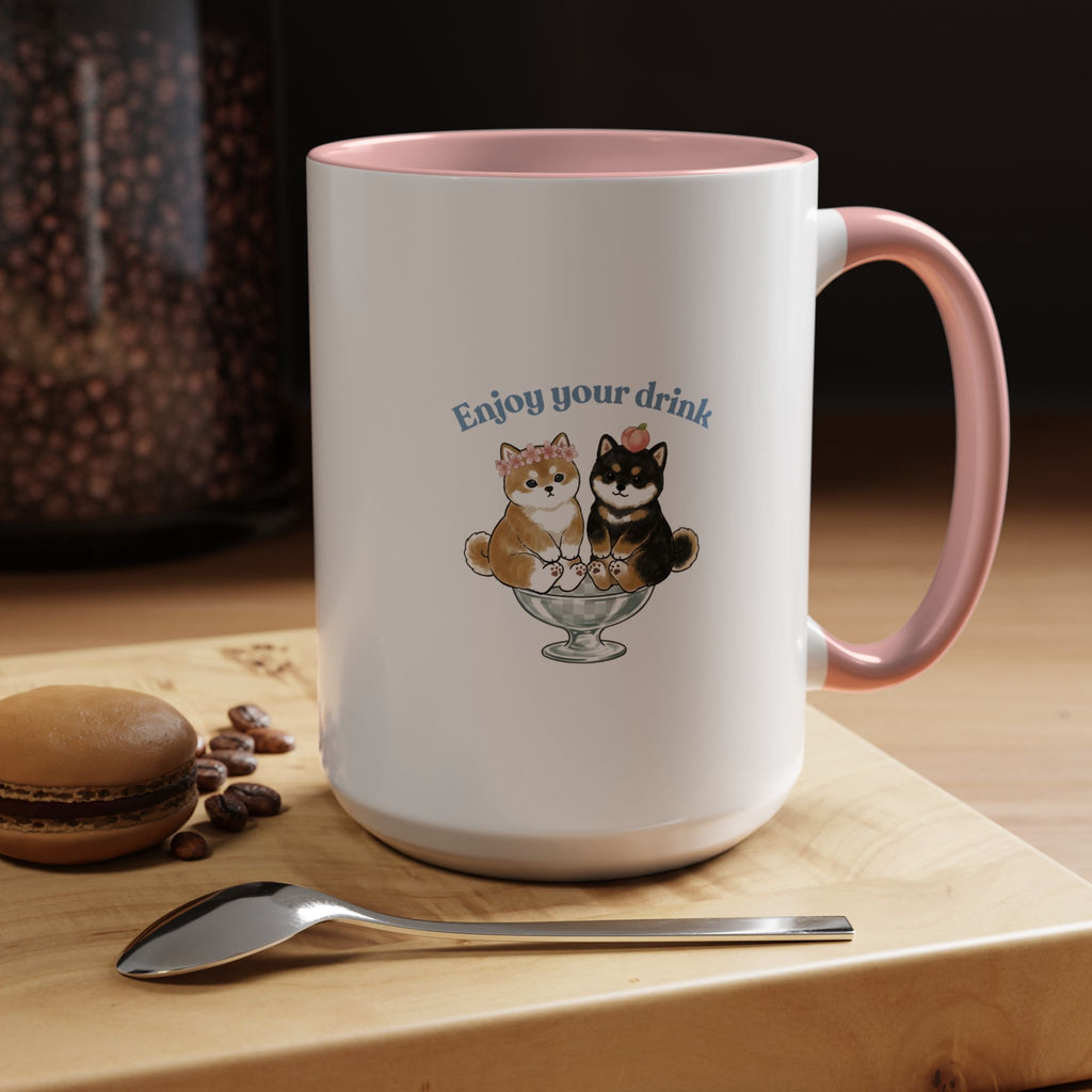 Shiba Inu Sundae Accent Coffee Mug — 'Fuwa Fuwa' Kawaii Peach & Sakura (11/15 oz)