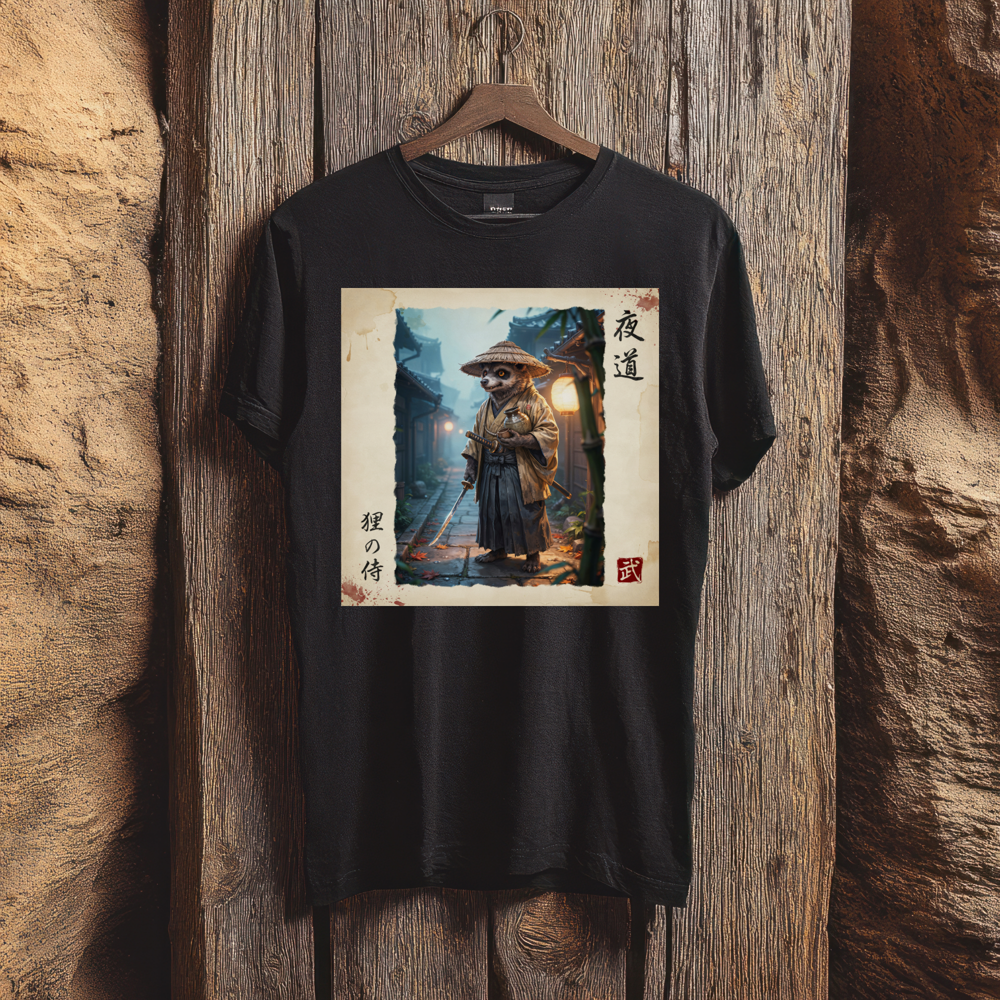Tanuki Samurai T-Shirt version1 — 狸の侍 Japanese Raccoon Dog Warrior | Yomichi Night Road Folklore Bushido Graphic Tee