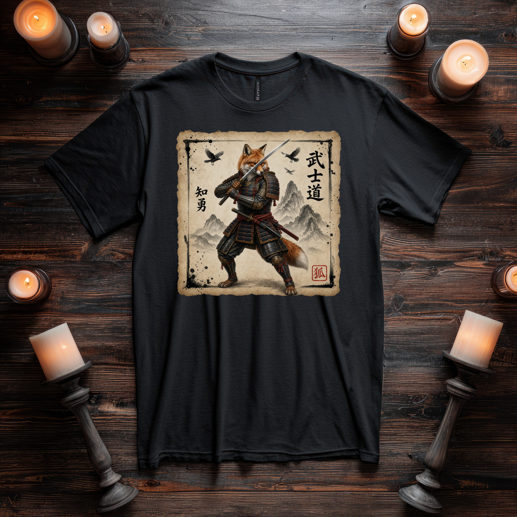 Samurai Fox T-Shirt version1 — Warrior Fox with Kanji Art