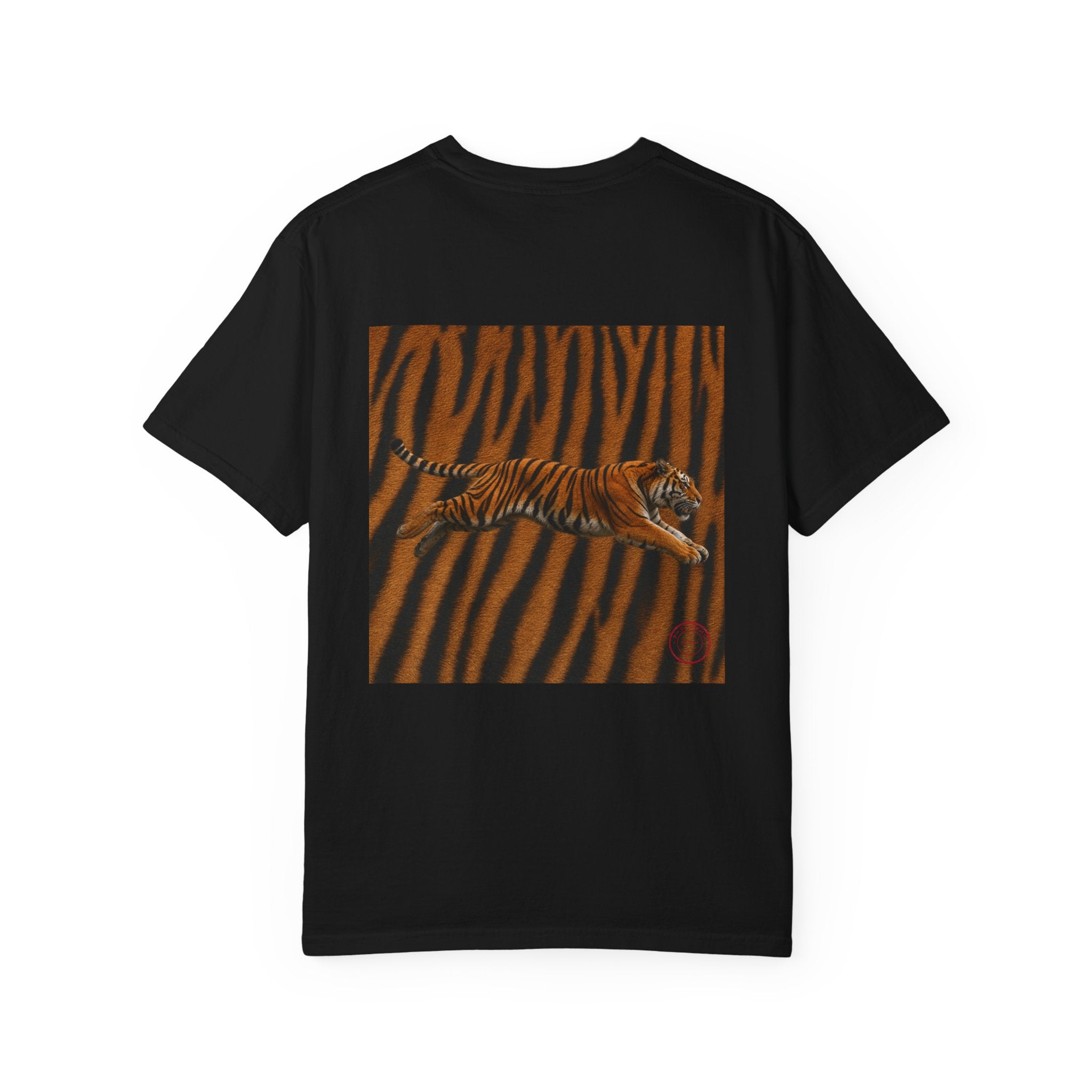Tiger Stripe Graphic T-Shirt — Leaping Tiger Back Print Comfort Color 1717