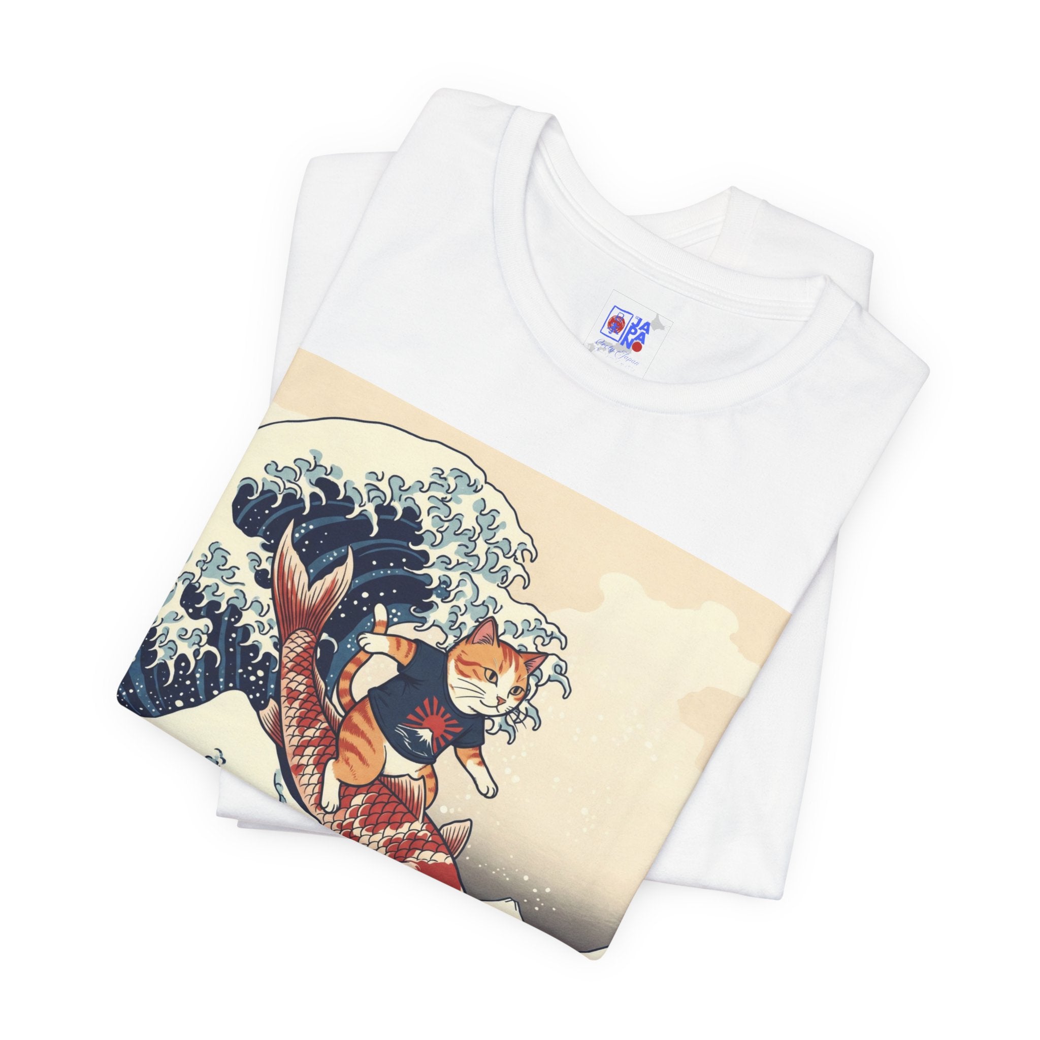 Koi Surfing Cat T‑Shirt — Japanese Wave Art (Hokusai-Inspired)
