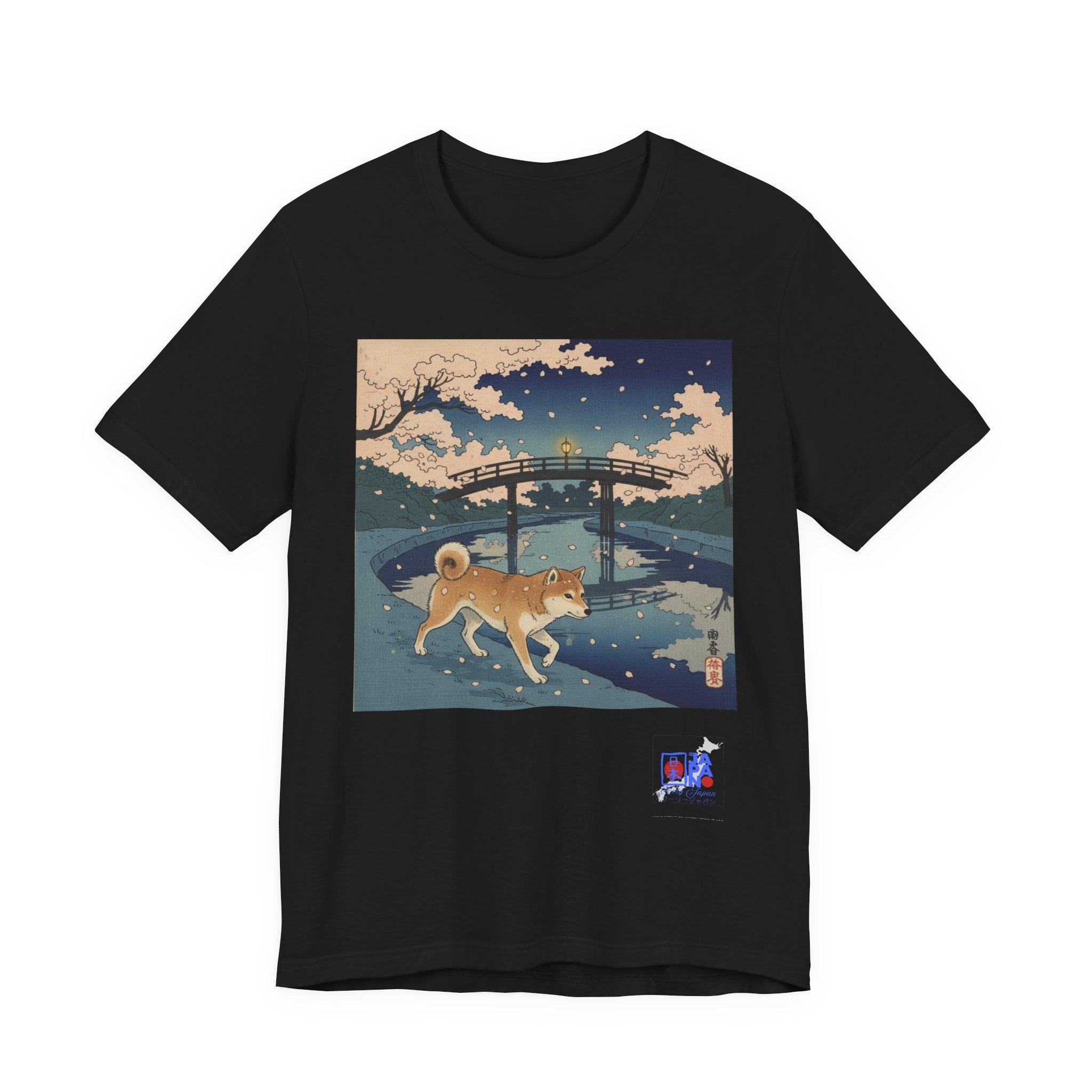 Shiba Inu Night Stroll T-Shirt | Japanese Bridge Ukiyo-e Style