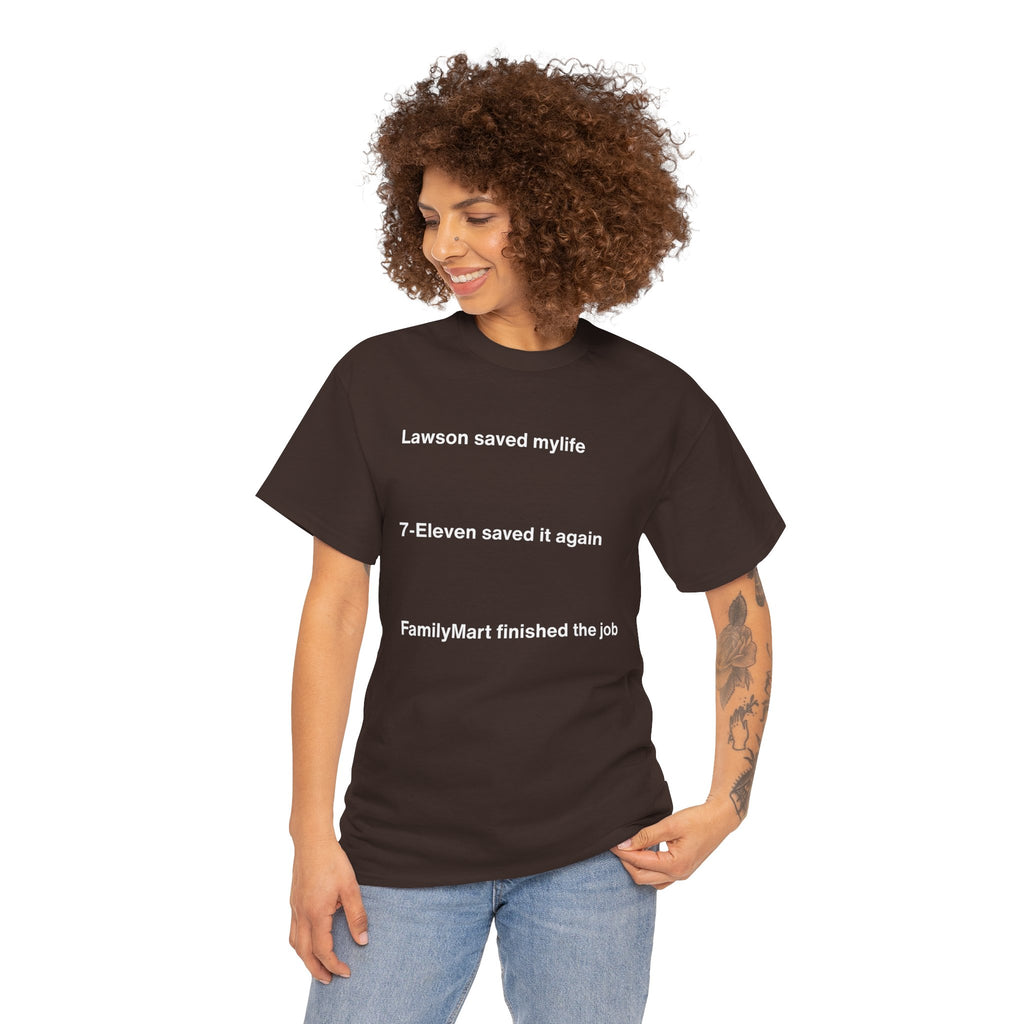 Lawson Saved My Life. 7-Eleven Saved It Again. FamilyMart Finished the Job. | Japan Convenience Store Tee — Dark Edition