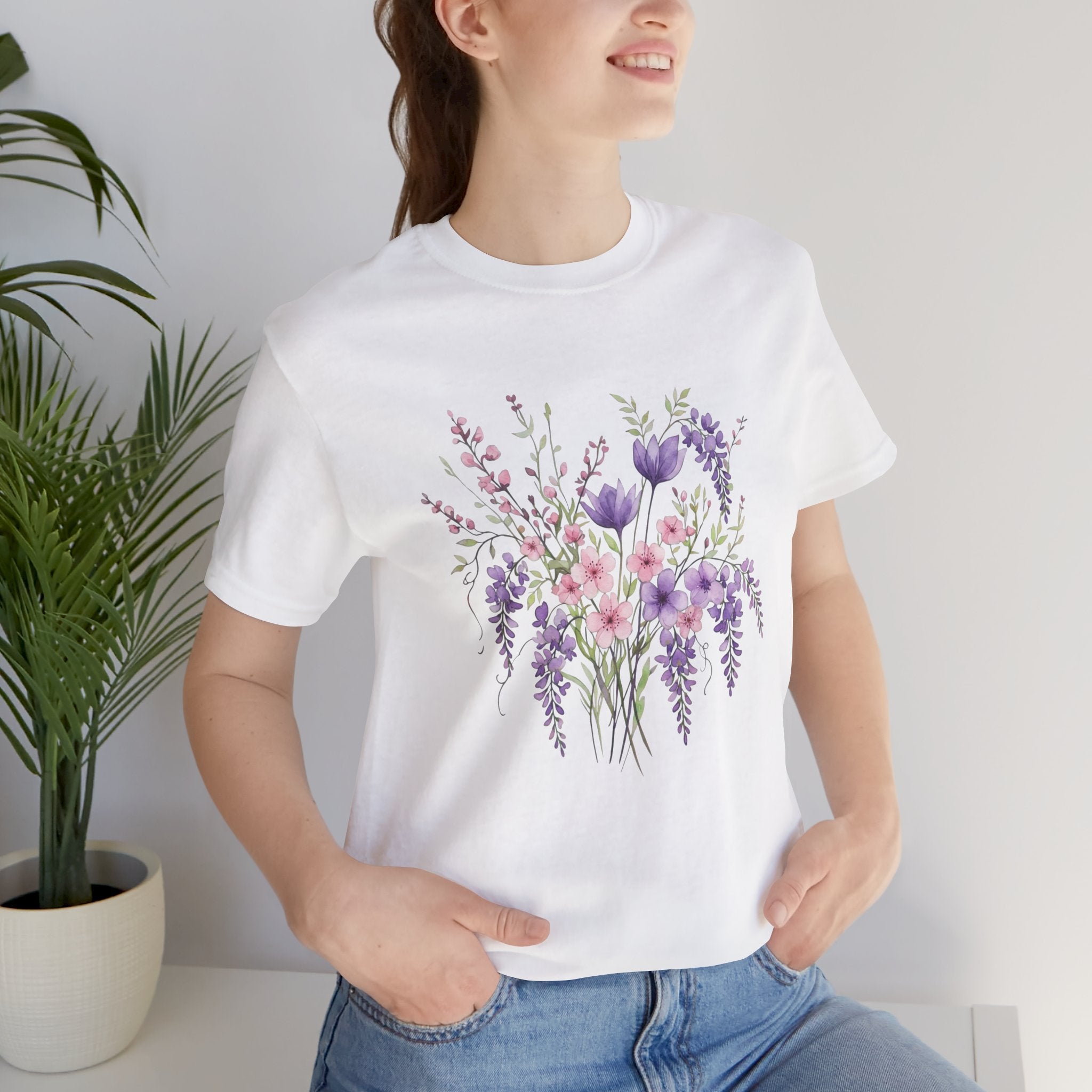 Japanese Wisteria and Sakura Bouquet T-Shirt | Fuji Cherry Blossom Dark Floral Tee | Japan Spring Flower Art Shirt