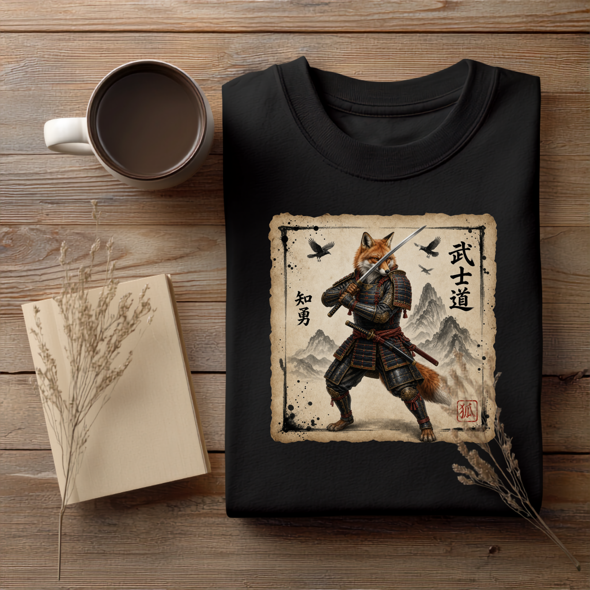 Samurai Fox T-Shirt version1 — Warrior Fox with Kanji Art