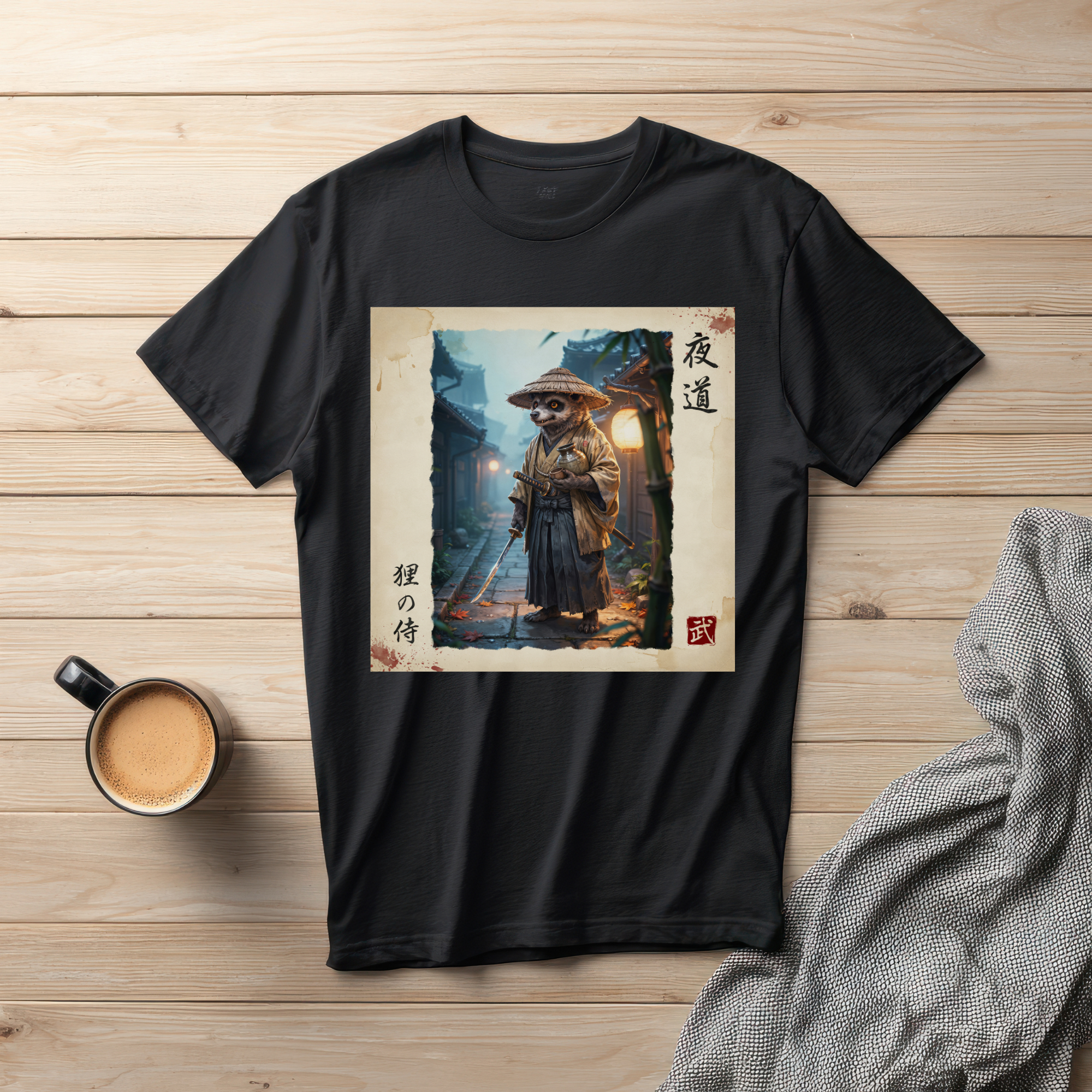 Tanuki Samurai T-Shirt version1 — 狸の侍 Japanese Raccoon Dog Warrior | Yomichi Night Road Folklore Bushido Graphic Tee