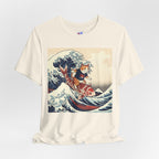 Koi Surfing Cat T‑Shirt — Japanese Wave Art (Hokusai-Inspired)