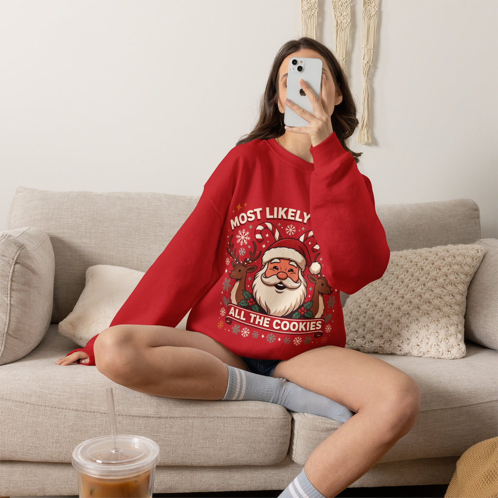 Christmas Crewneck Sweatshirt - "Most Likely to Eat All the Cookies" Merry & Bright Holiday Sweater