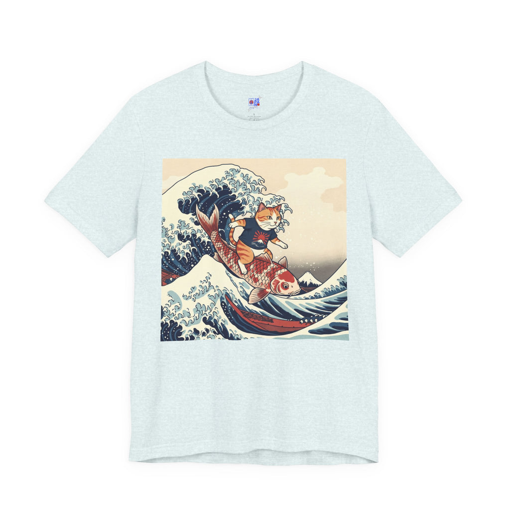 Koi Surfing Cat T‑Shirt — Japanese Wave Art (Hokusai-Inspired)