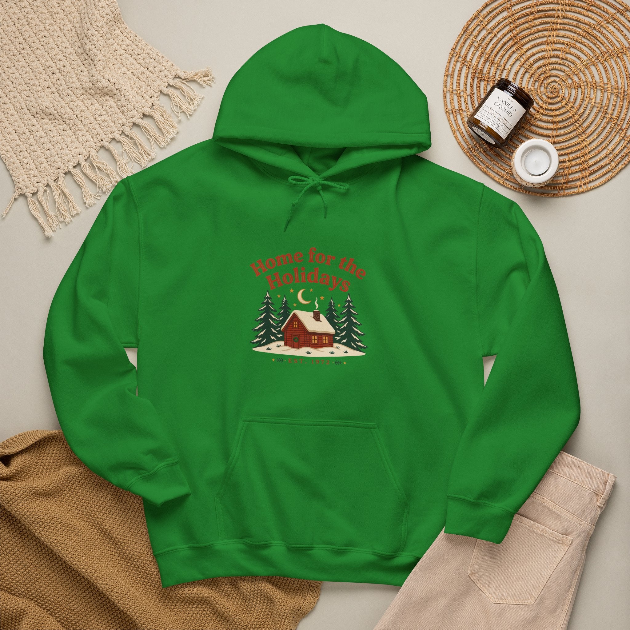 Christmas Cabin Hoodie — 'Home for the Holidays' Green Holiday Sweatshirt