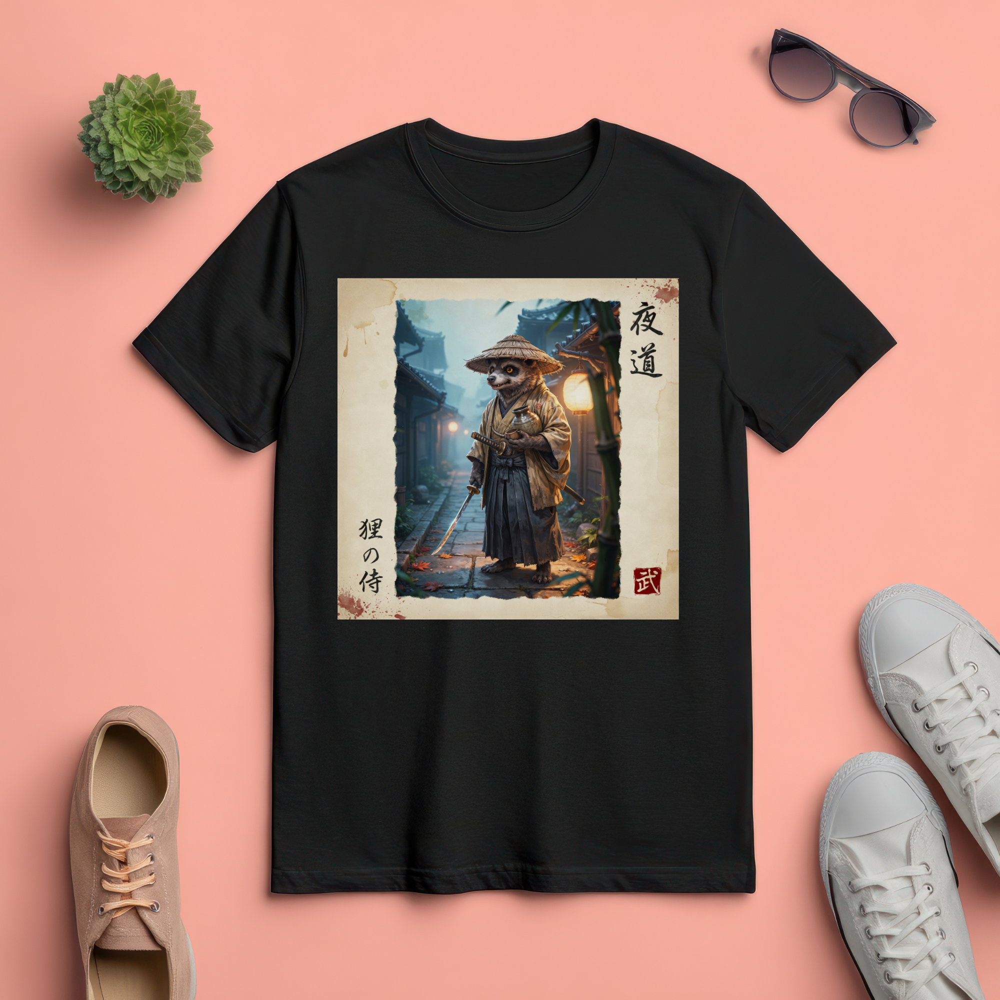 Tanuki Samurai T-Shirt version1 — 狸の侍 Japanese Raccoon Dog Warrior | Yomichi Night Road Folklore Bushido Graphic Tee