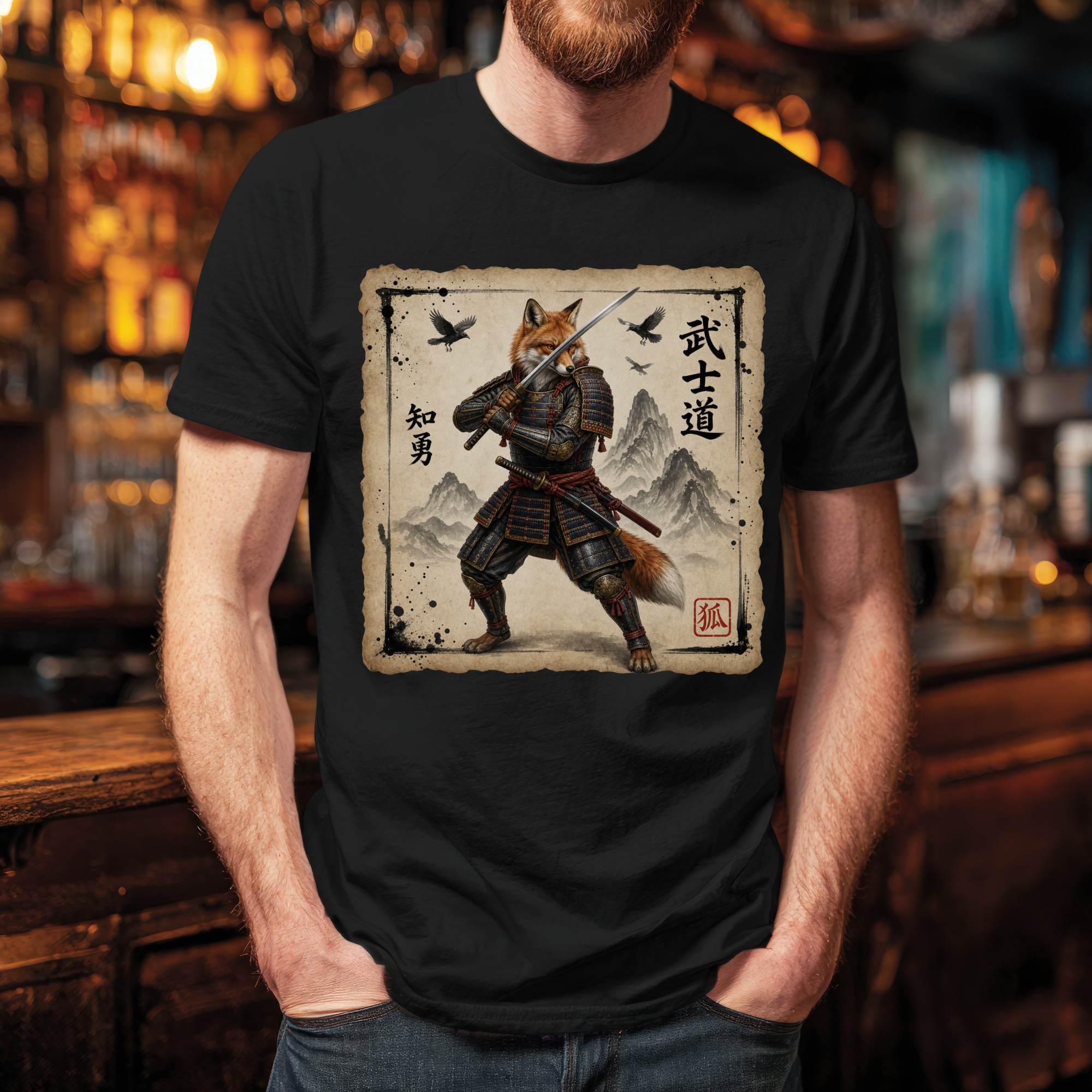 Samurai Fox T-Shirt version1 — Warrior Fox with Kanji Art