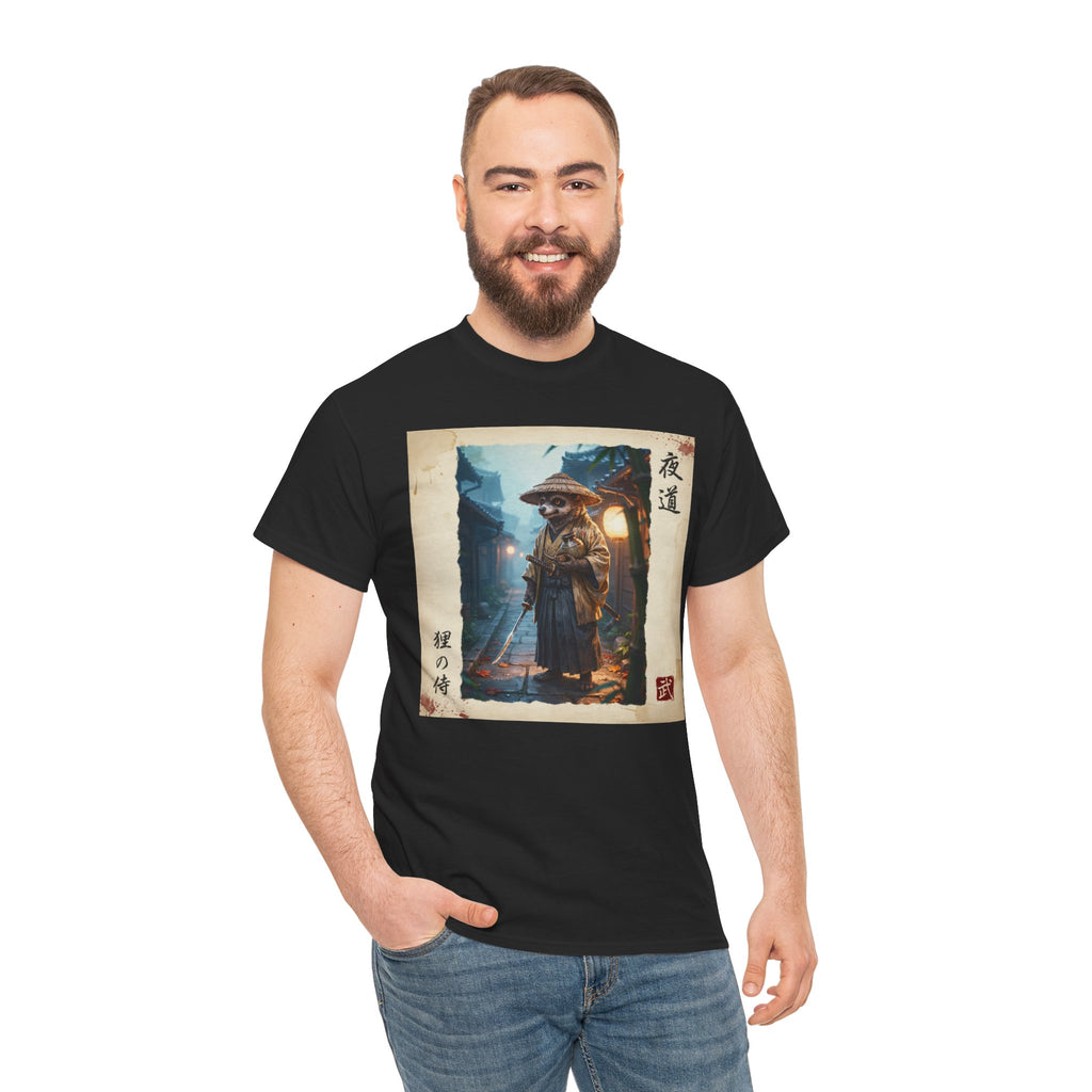 Tanuki Samurai T-Shirt — 狸の侍 Japanese Raccoon Dog Warrior | Yomichi Night Road Folklore Bushido Graphic Tee