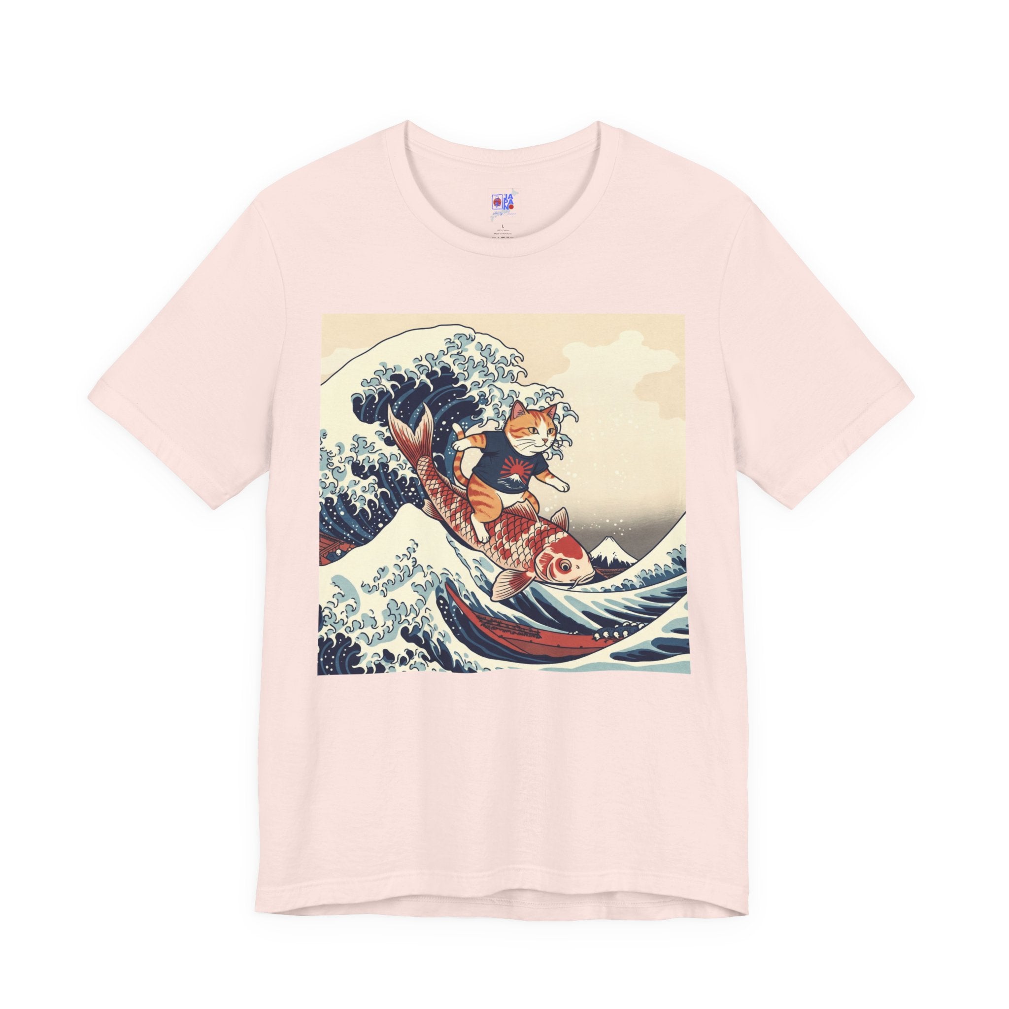 Koi Surfing Cat T‑Shirt — Japanese Wave Art (Hokusai-Inspired)