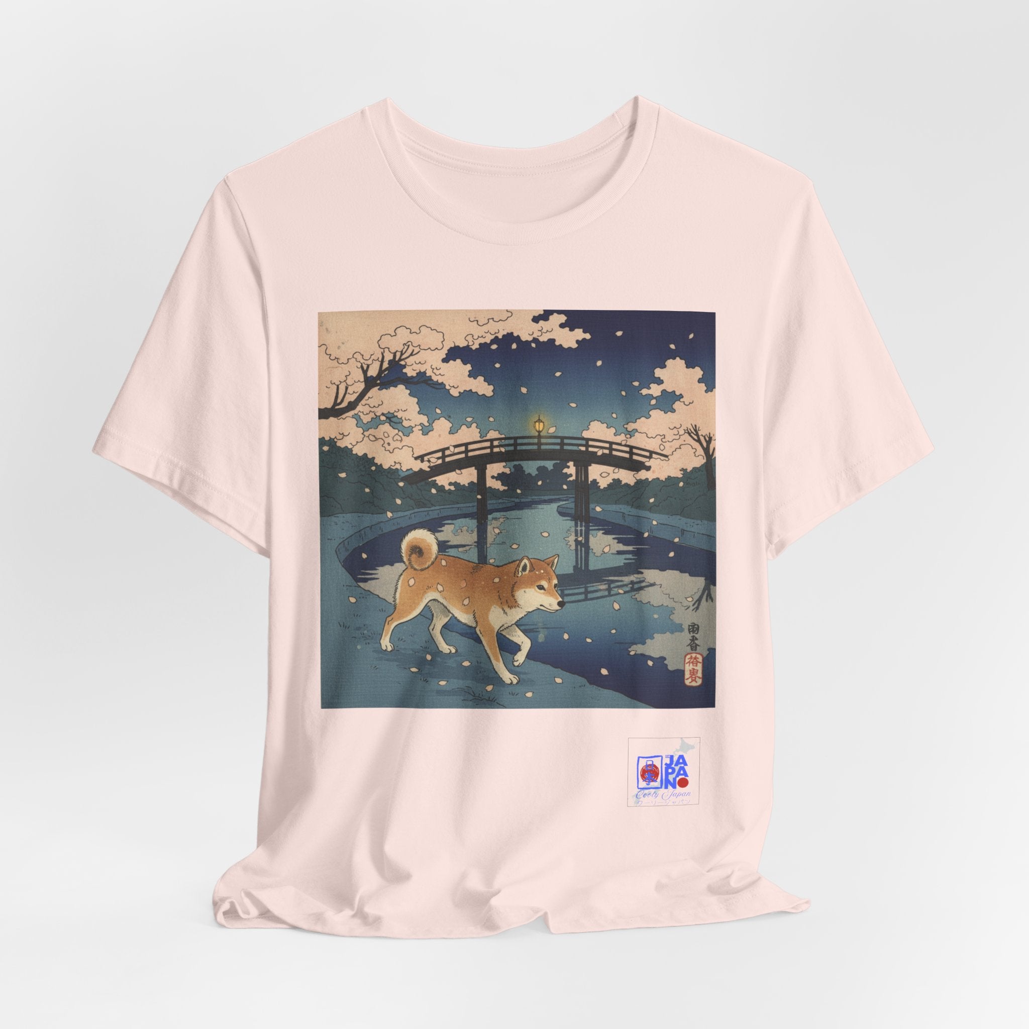 Shiba Inu Night Stroll T-Shirt | Japanese Bridge Ukiyo-e Style