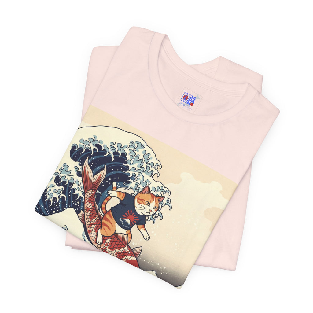 Koi Surfing Cat T‑Shirt — Japanese Wave Art (Hokusai-Inspired)