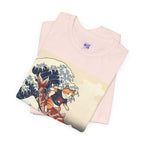 Koi Surfing Cat T‑Shirt — Japanese Wave Art (Hokusai-Inspired)