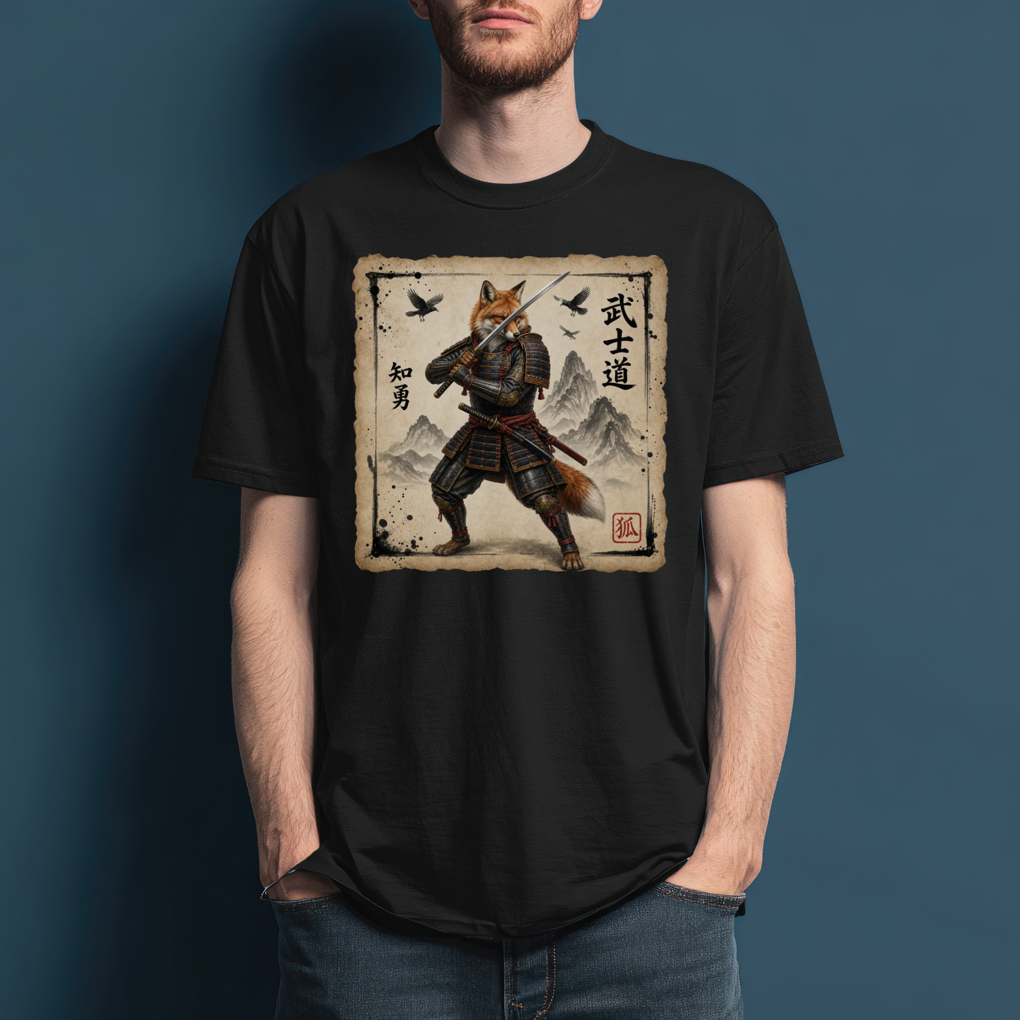Samurai Fox T-Shirt version1 — Warrior Fox with Kanji Art