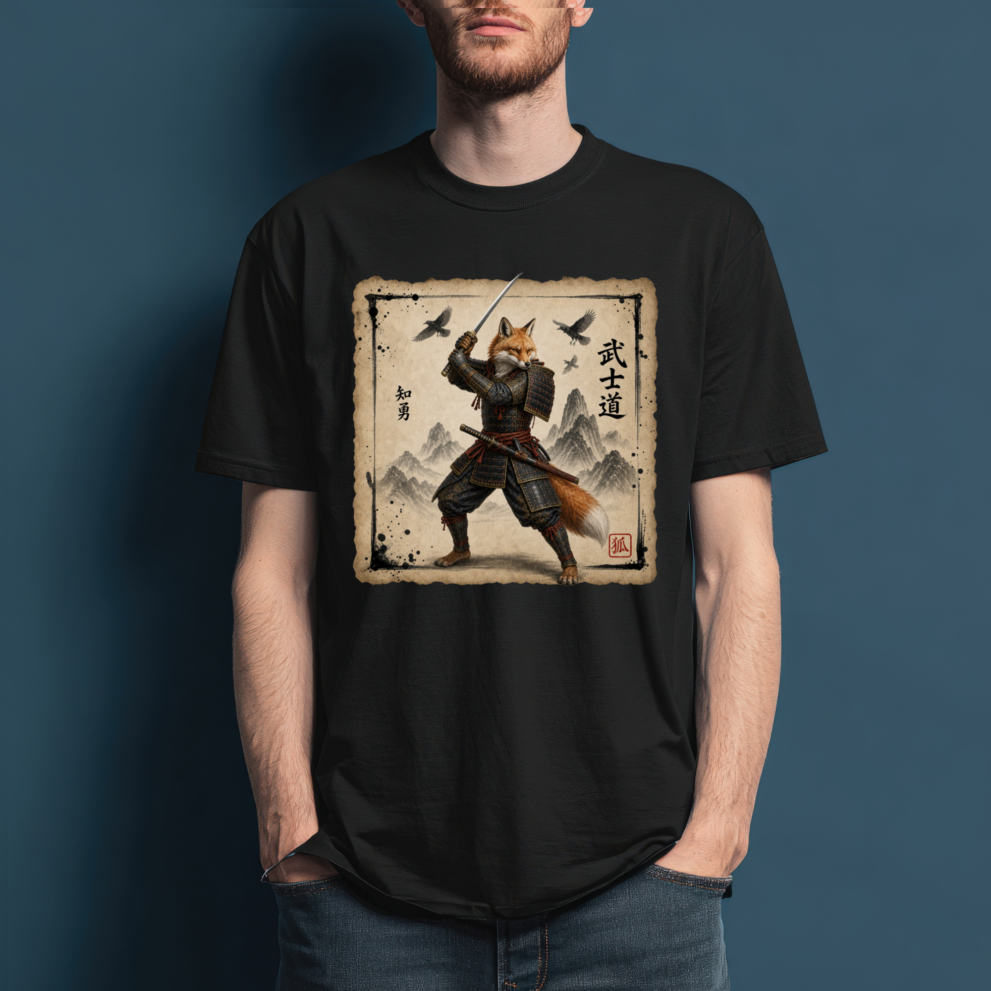 Samurai Fox T-Shirt  version2— 'Bushido' Fox Warrior Vintage Japanese Art Tee