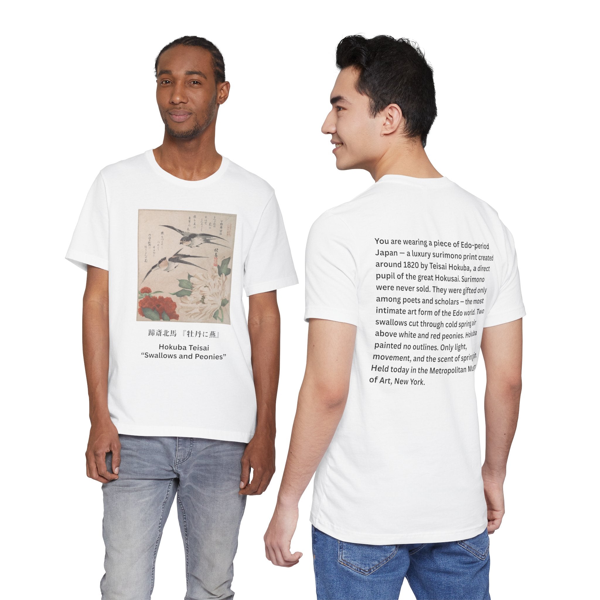 Teisai Hokuba "Swallows and Peonies" | Edo-period Surimono Art Tee (Light)