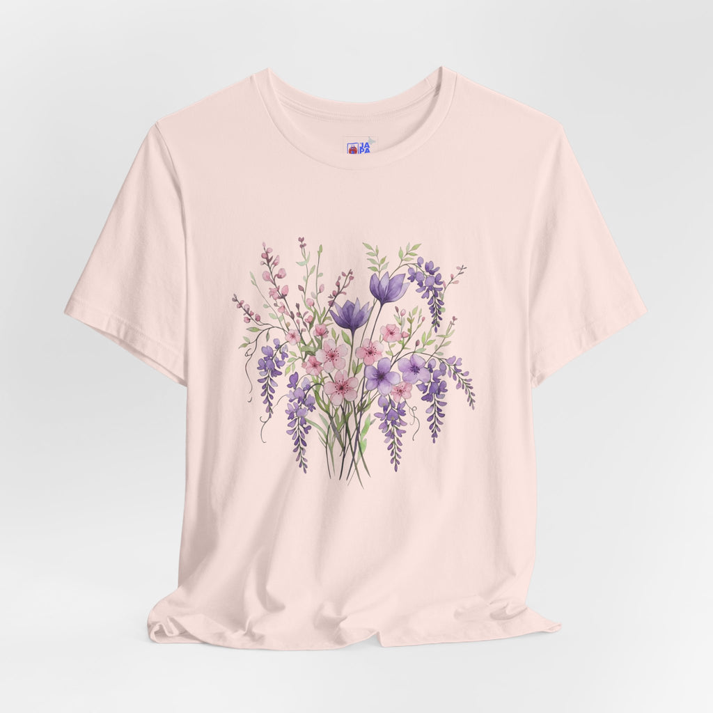 Japanese Wisteria and Sakura Bouquet T-Shirt | Fuji Cherry Blossom Dark Floral Tee | Japan Spring Flower Art Shirt