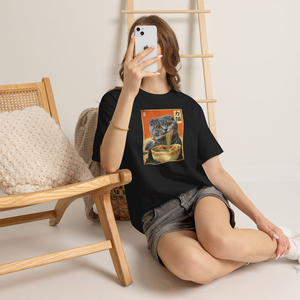 Mochi the Ramen Cat T-Shirt — Scottish Fold Eating Ramen | 力猫 Funny Japanese Cat Ukiyo-e Vintage Graphic Tee