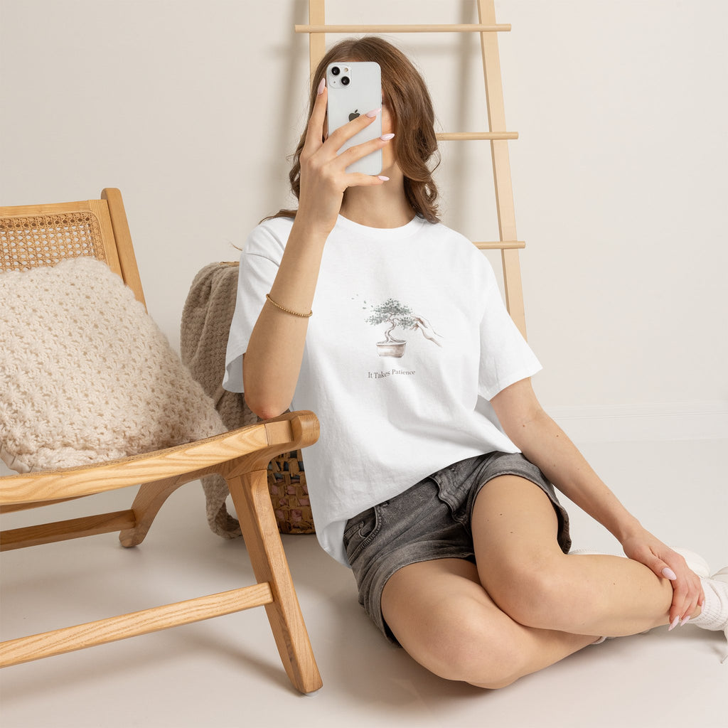 It Takes Patience Bonsai T-Shirt, Minimalist Japanese Ink Wash Tree Tee, Zen Gift for Plant Lovers, Mindfulness & Slow Living