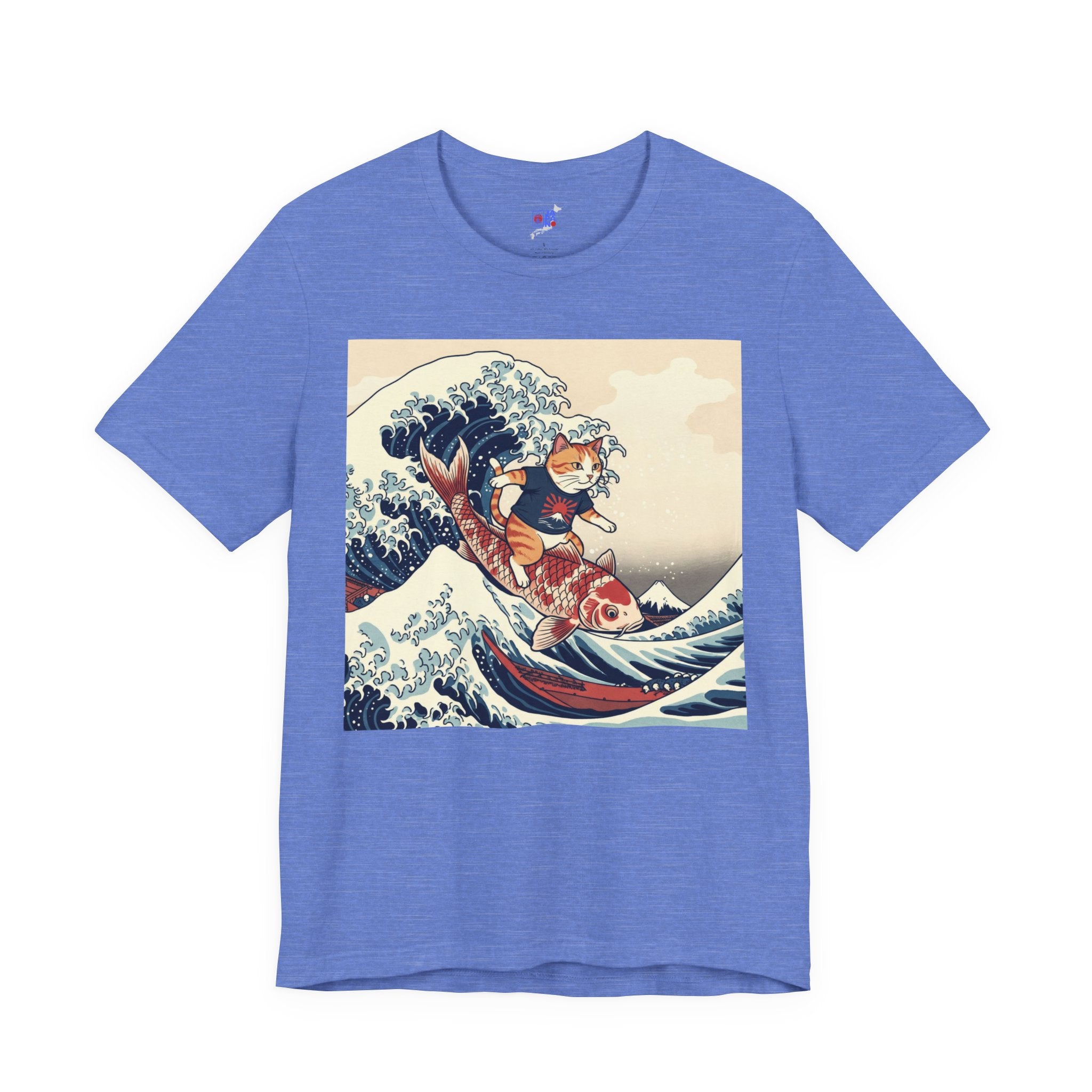 Koi Surfing Cat T‑Shirt — Japanese Wave Art (Hokusai-Inspired)