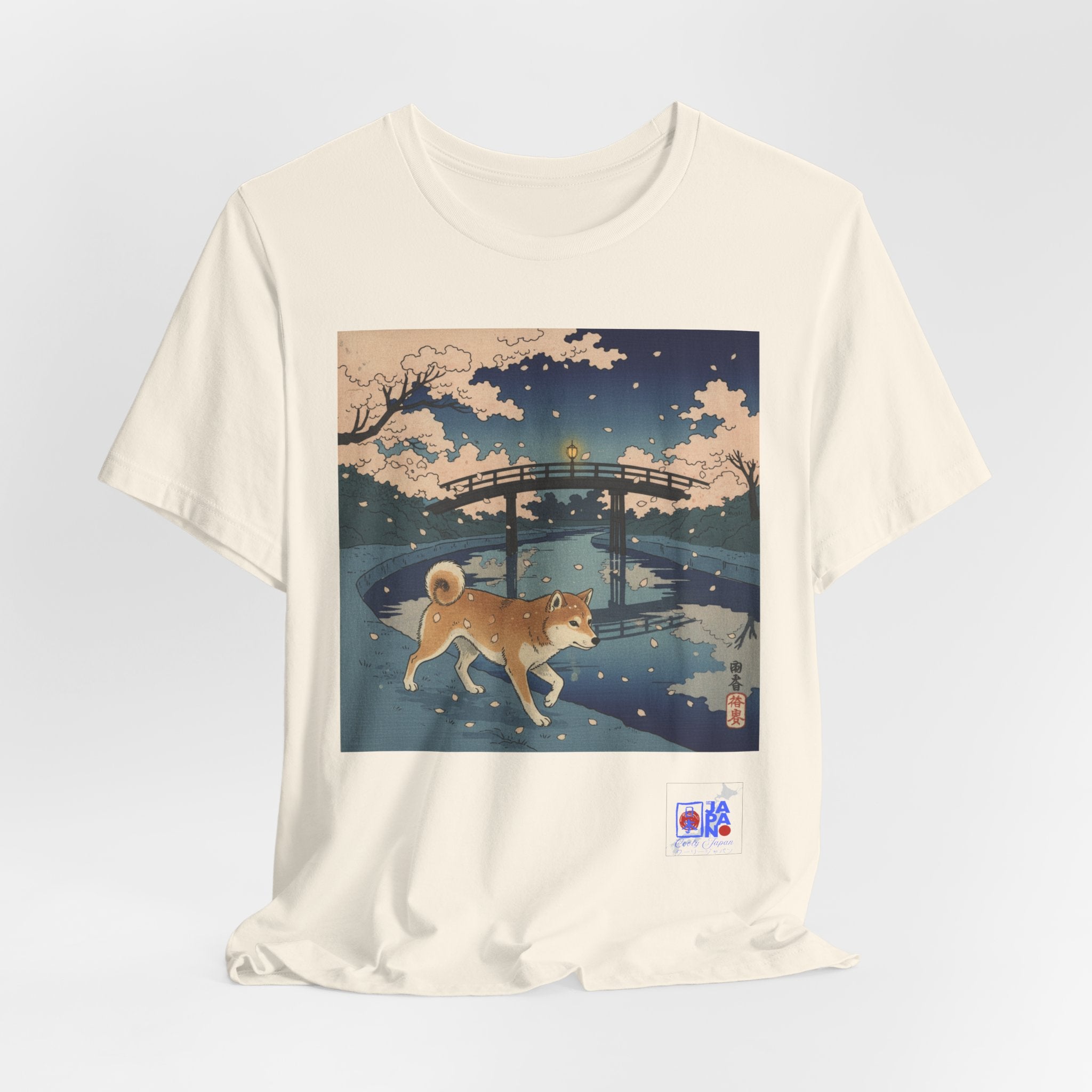 Shiba Inu Night Stroll T-Shirt | Japanese Bridge Ukiyo-e Style