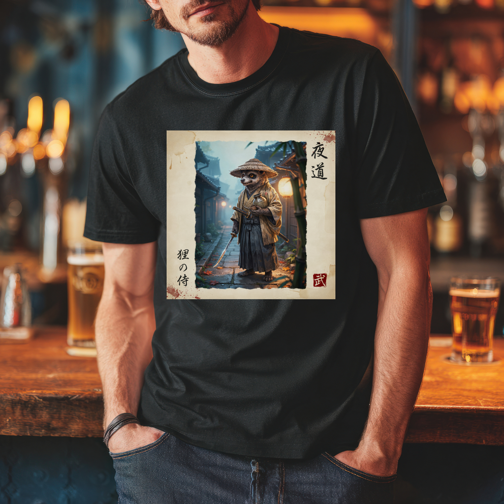 Tanuki Samurai T-Shirt version1 — 狸の侍 Japanese Raccoon Dog Warrior | Yomichi Night Road Folklore Bushido Graphic Tee