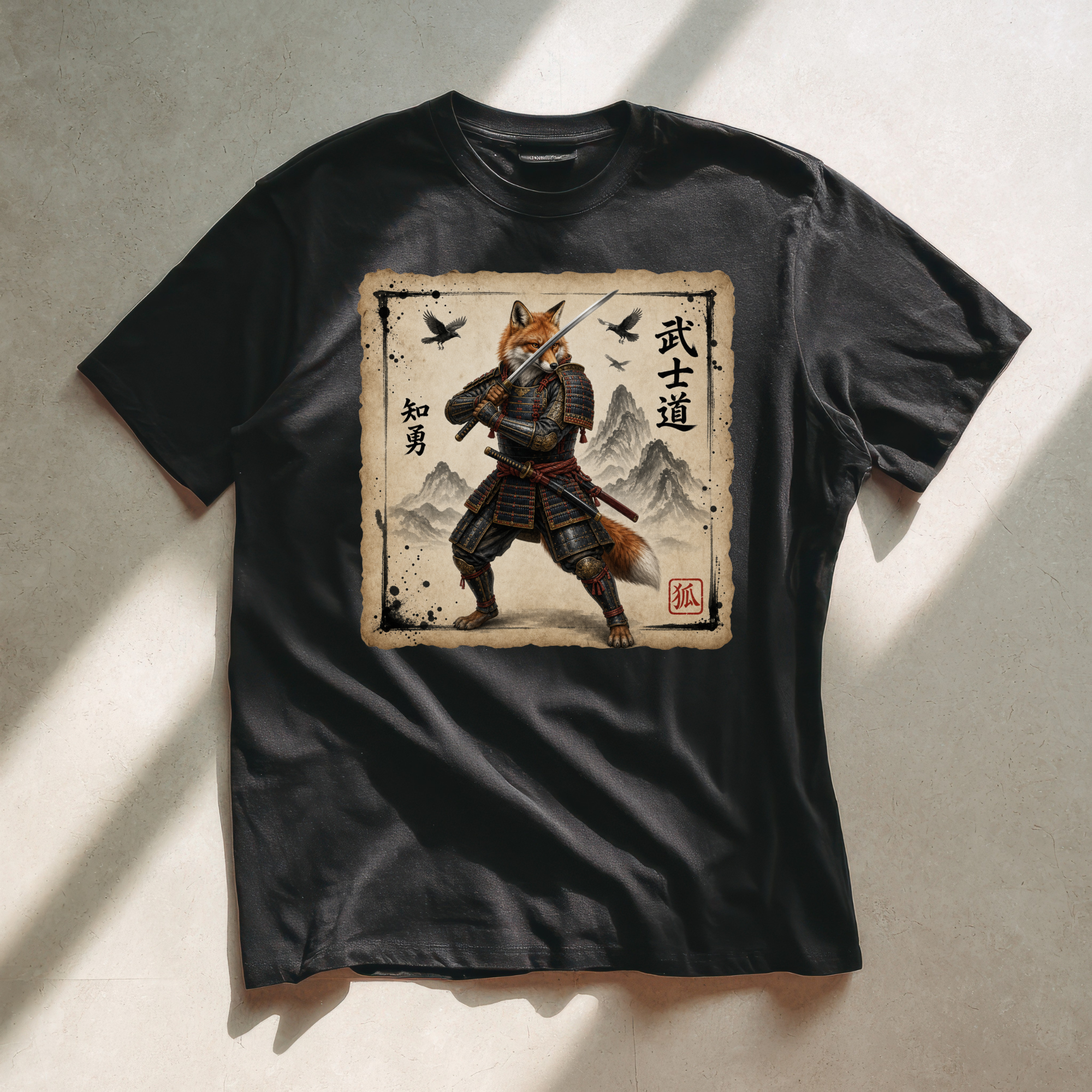 Samurai Fox T-Shirt version1 — Warrior Fox with Kanji Art
