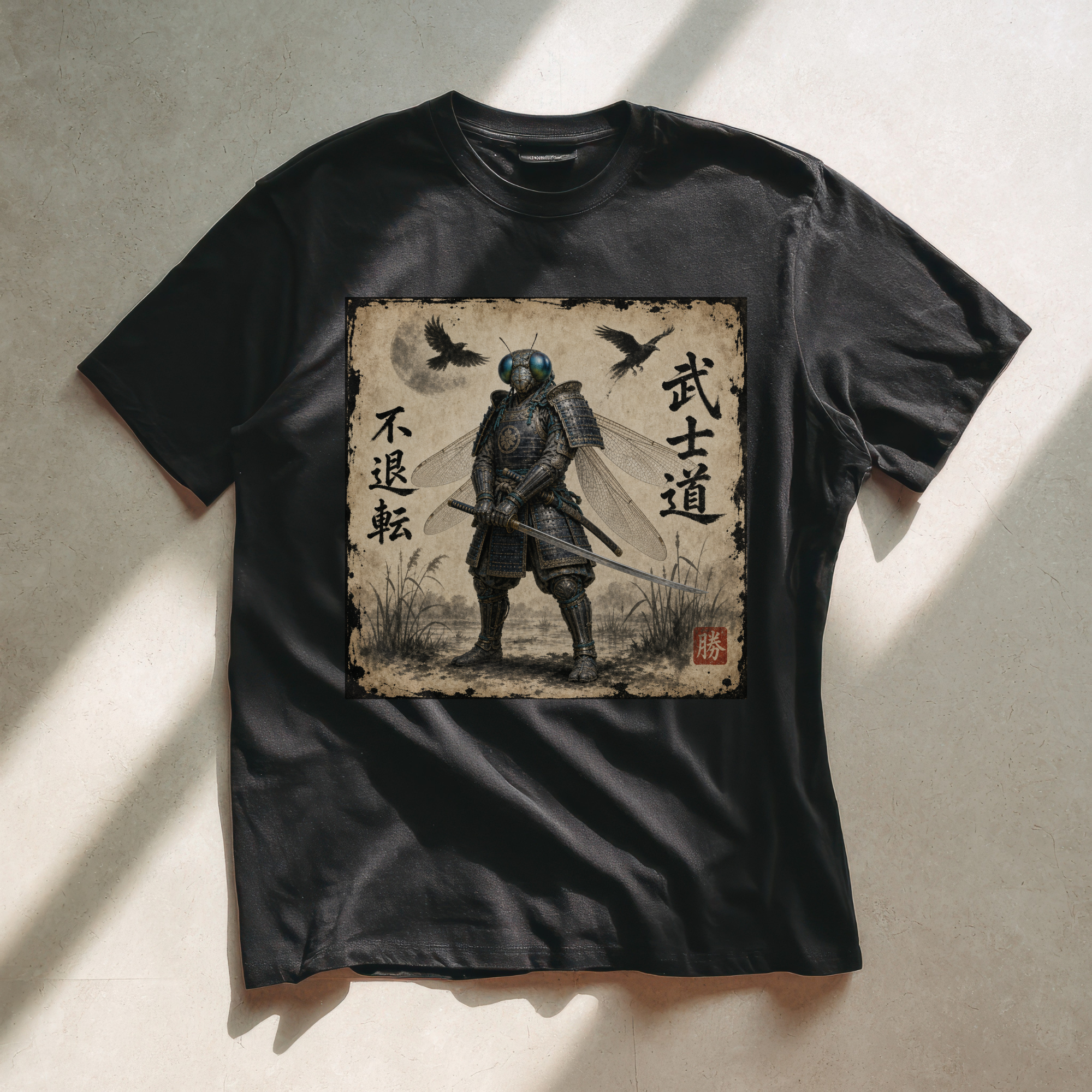 Samurai Dragonfly Warrior Tee Version 1 — Bushidō Ink Warrior Graphic T-Shirt
