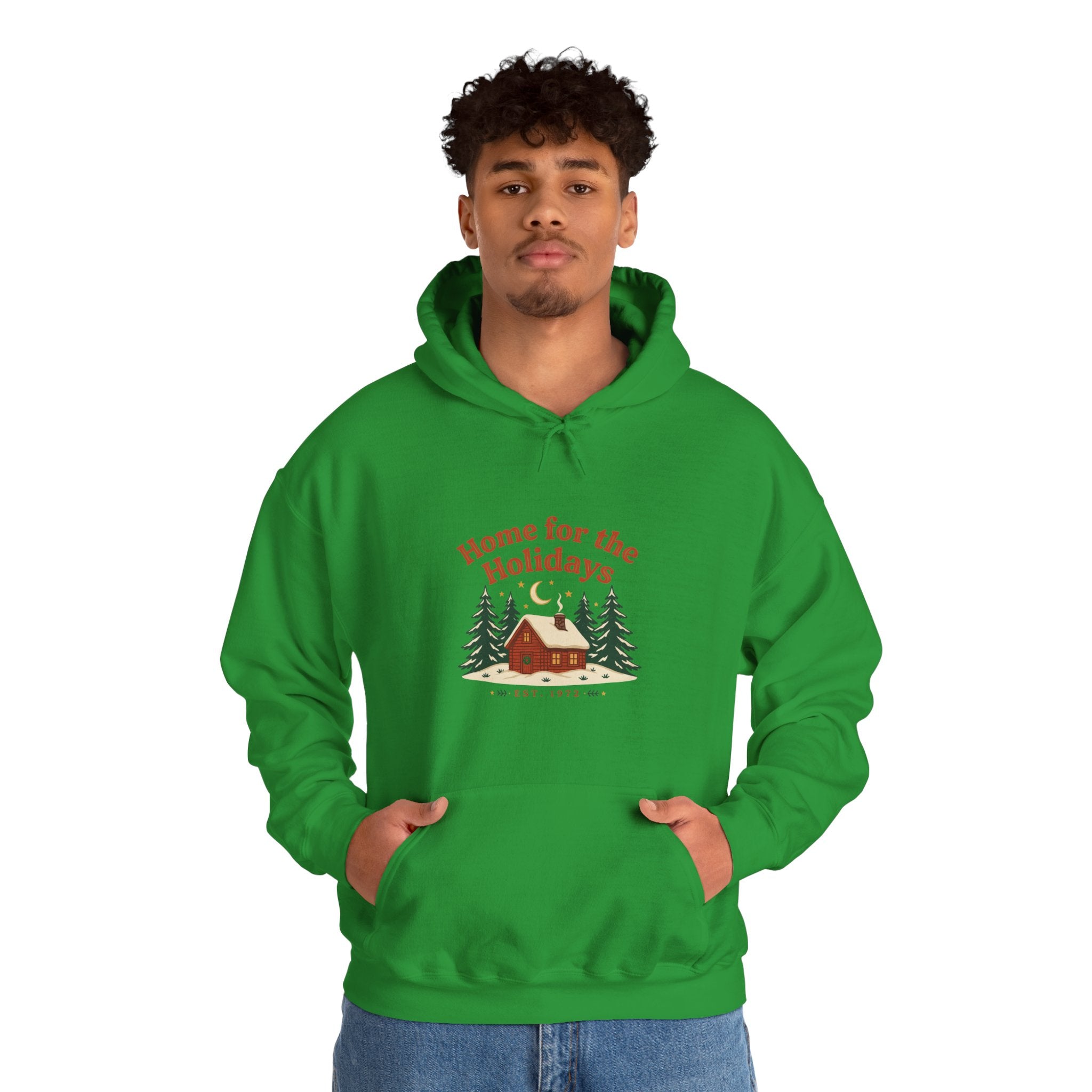 Christmas Cabin Hoodie — 'Home for the Holidays' Green Holiday Sweatshirt