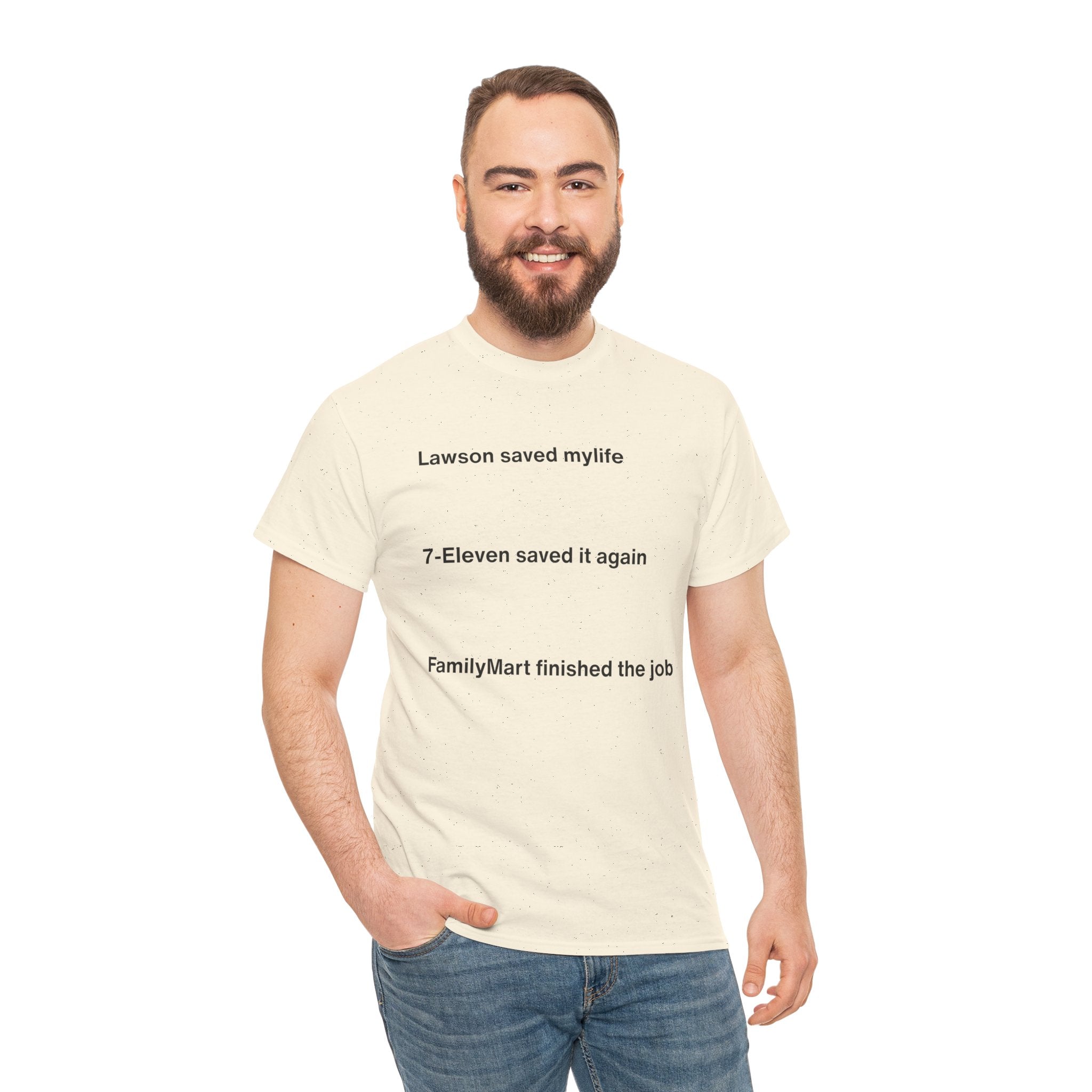 Lawson Saved My Life. 7-Eleven Saved It Again. FamilyMart Finished the Job. | Japan Convenience Store Tee — White Edition