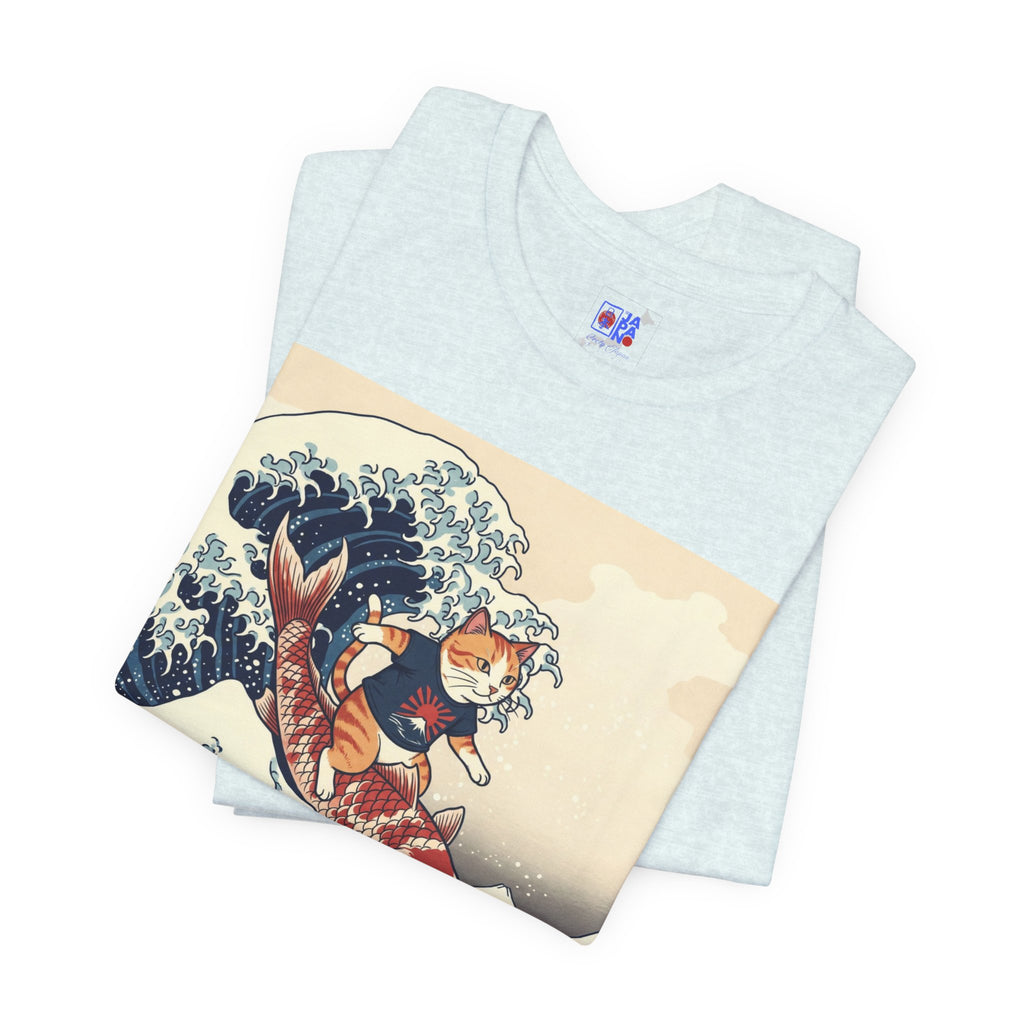 Koi Surfing Cat T‑Shirt — Japanese Wave Art (Hokusai-Inspired)