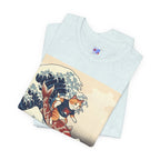 Koi Surfing Cat T‑Shirt — Japanese Wave Art (Hokusai-Inspired)