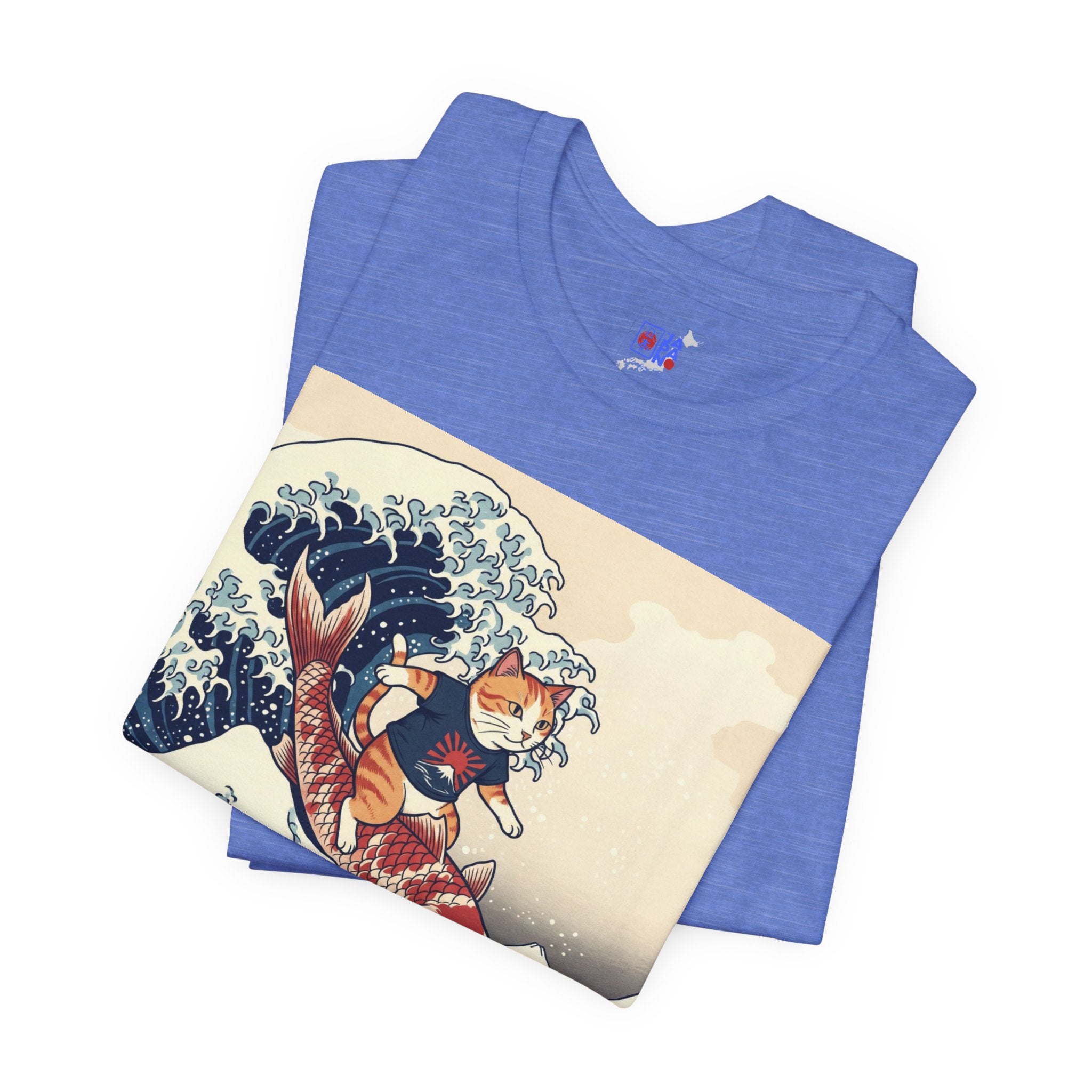 Koi Surfing Cat T‑Shirt — Japanese Wave Art (Hokusai-Inspired)