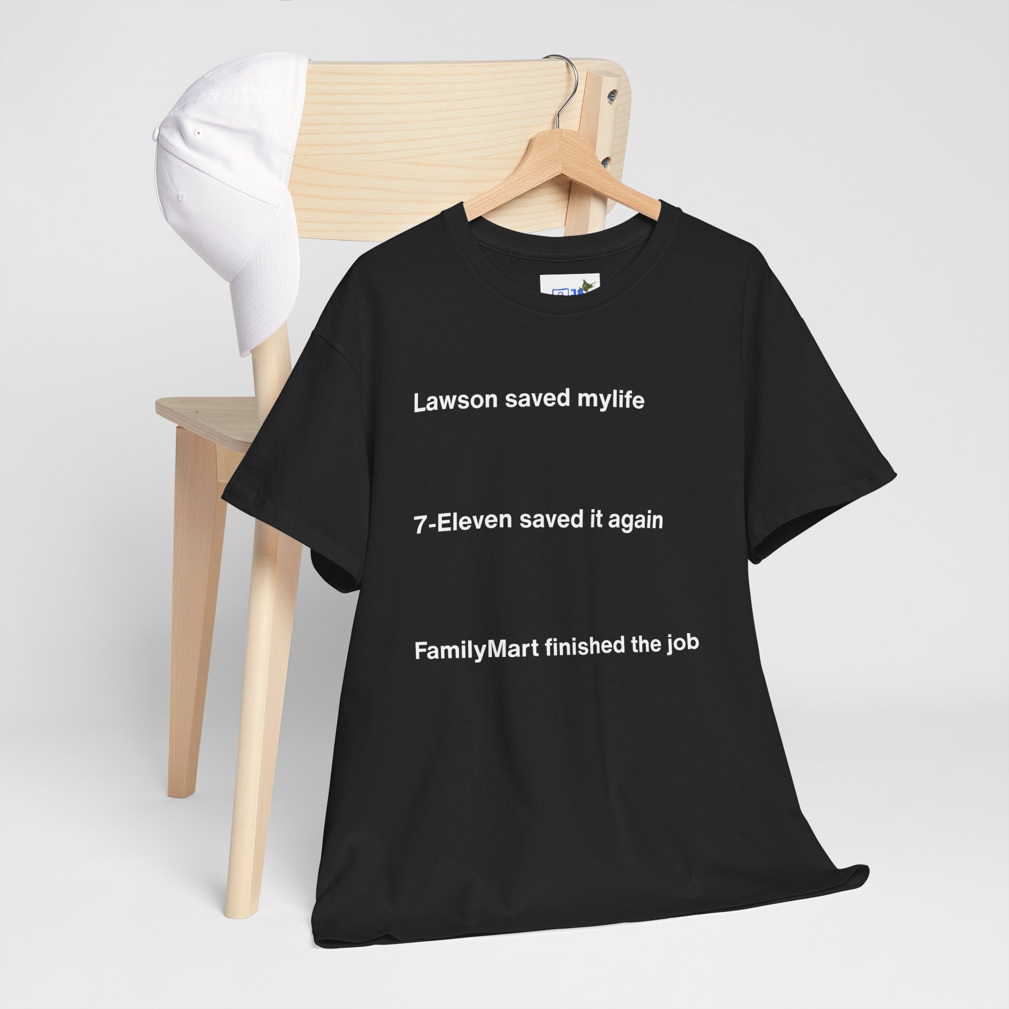 Lawson Saved My Life. 7-Eleven Saved It Again. FamilyMart Finished the Job. | Japan Convenience Store Tee — Dark Edition