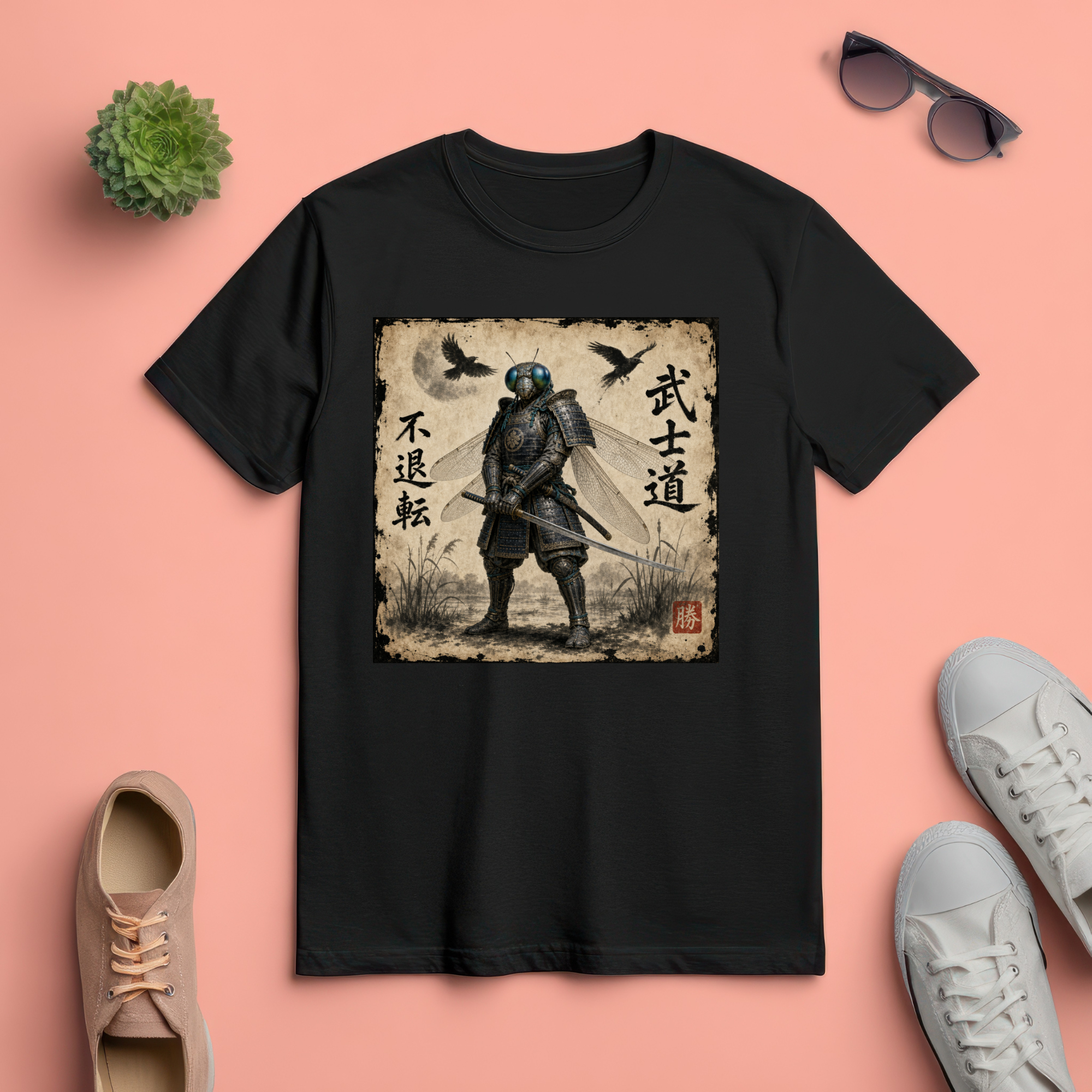Samurai Dragonfly Warrior Tee Version 1 — Bushidō Ink Warrior Graphic T-Shirt