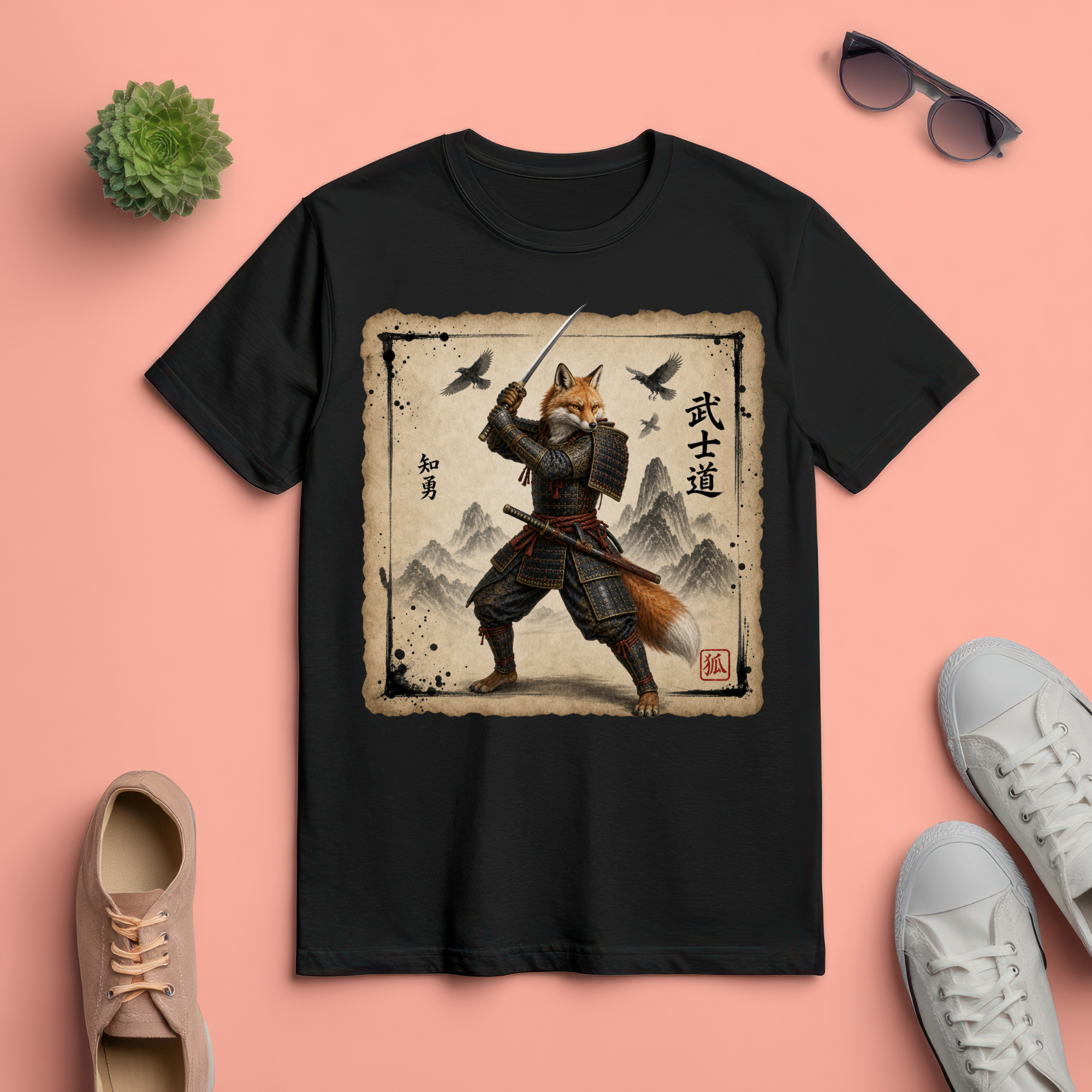 Samurai Fox T-Shirt  version2— 'Bushido' Fox Warrior Vintage Japanese Art Tee