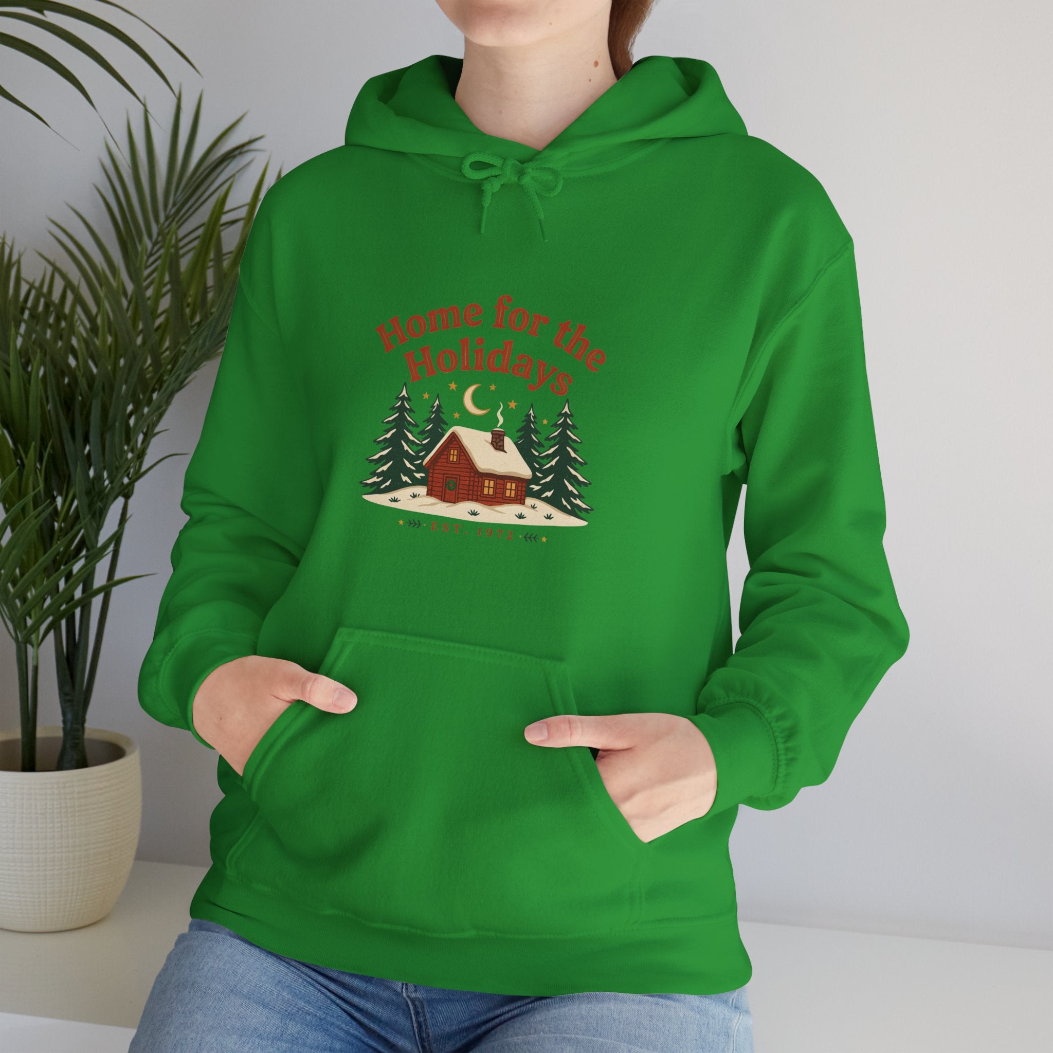 Christmas Cabin Hoodie — 'Home for the Holidays' Green Holiday Sweatshirt