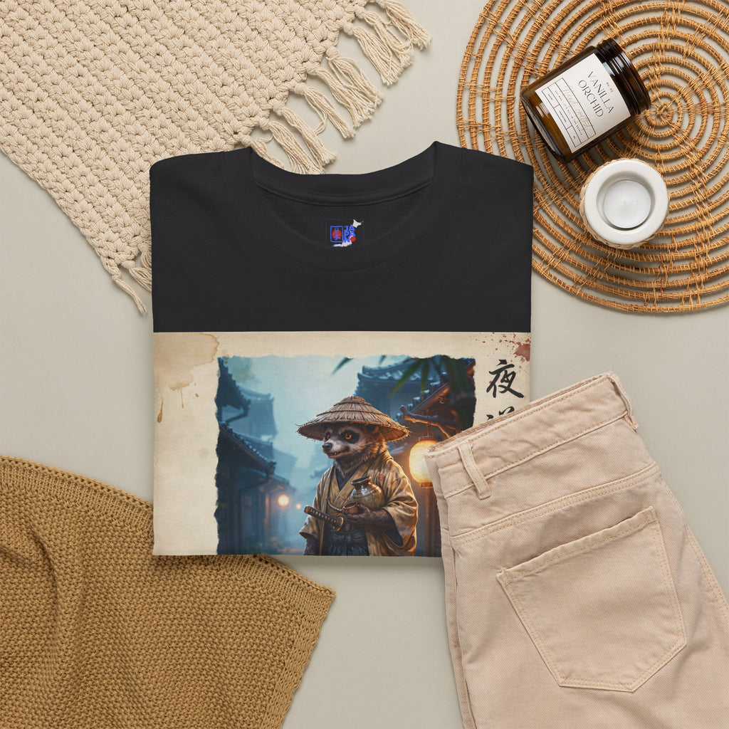 Tanuki Samurai T-Shirt — 狸の侍 Japanese Raccoon Dog Warrior | Yomichi Night Road Folklore Bushido Graphic Tee