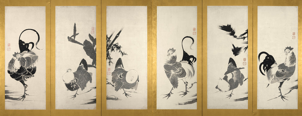 Itō Jakuchū — Roosters and Hens (left of a pair), c.1761–65 — Original masterpiece painting from “Colorful Realm of Living Beings”, public domain