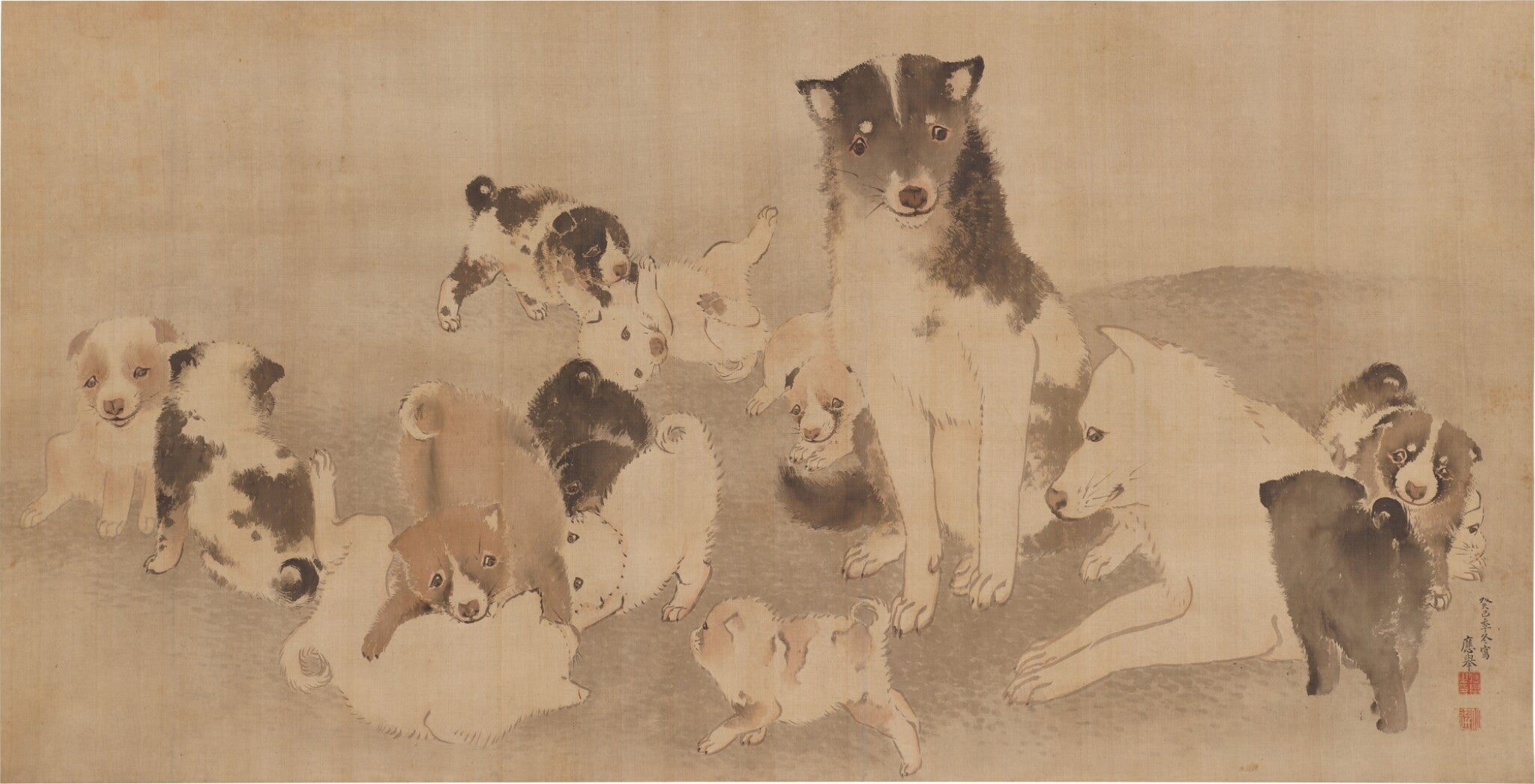 Maruyama Ōkyo — Dogs and Puppies, Edo period — Original masterpiece painting by the founder of the Maruyama school, public domain