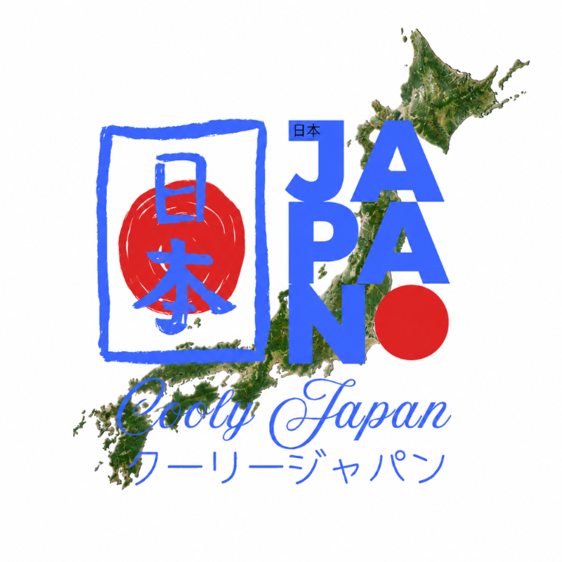 Map of Japan with 'Cooly Japan' text and red circle design.